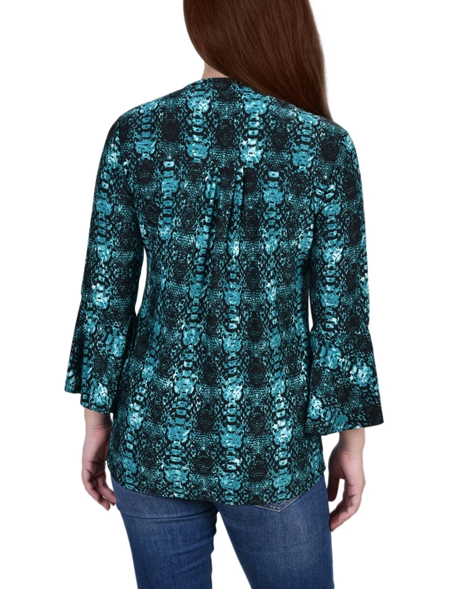 Teal Plaid 3/4 Bell Sleeve Pleat Front Y Neck Top sold by Dress Barn product image thumbnail 4