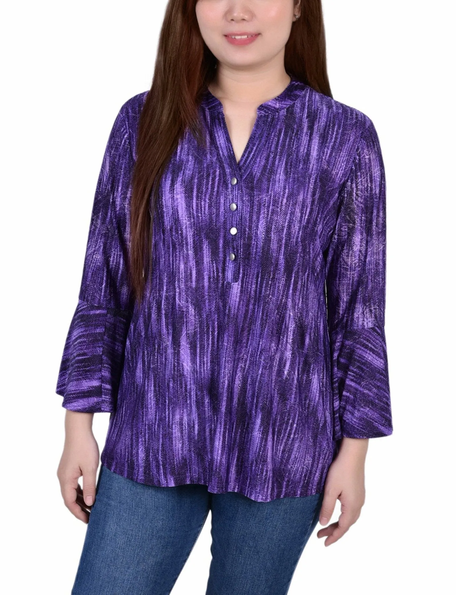 Purple Stripe 3/4 Bell Sleeve Pleat Front Y Neck Top sold by Dress Barn