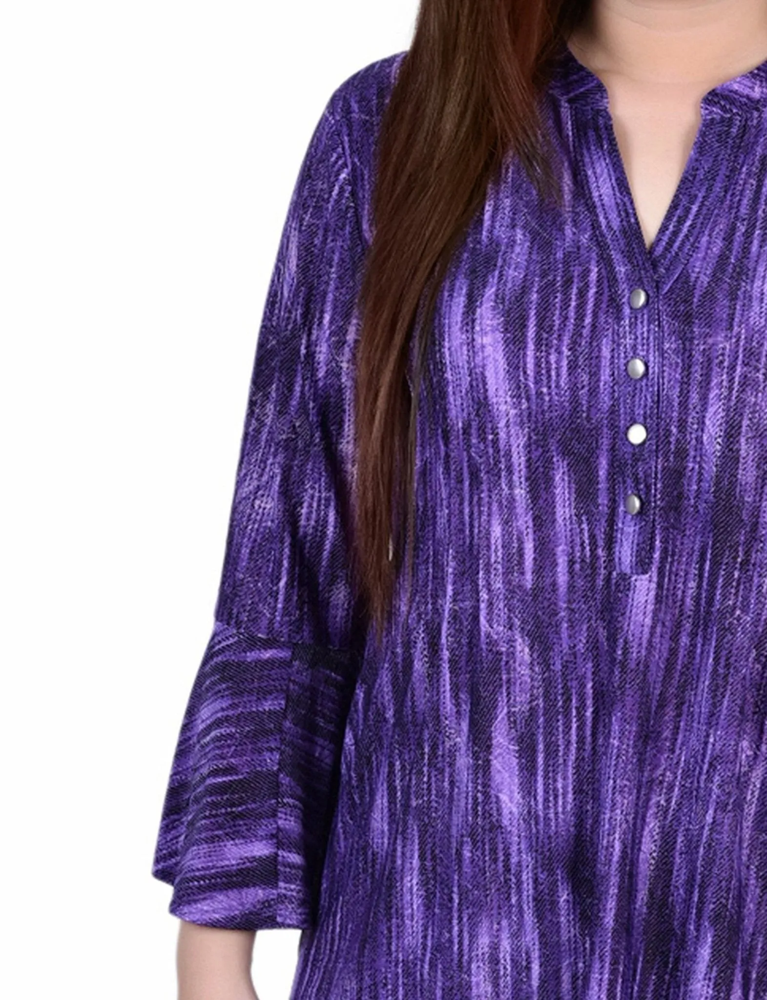 Purple Stripe 3/4 Bell Sleeve Pleat Front Y Neck Top sold by Dress Barn product image thumbnail 3