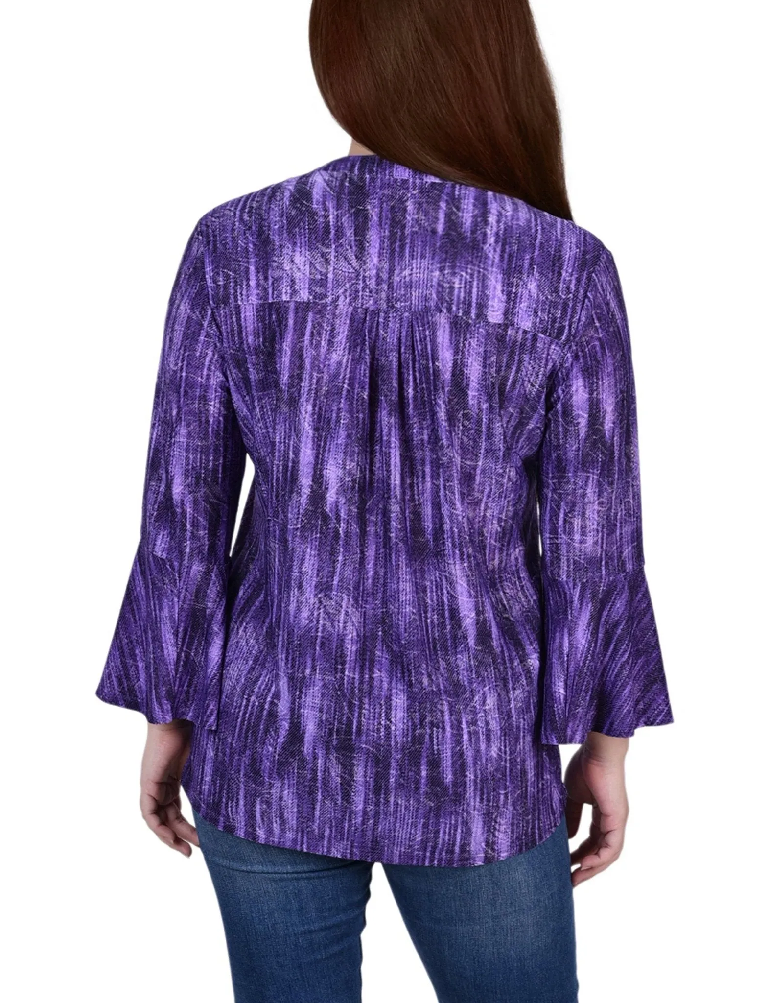 Purple Stripe 3/4 Bell Sleeve Pleat Front Y Neck Top sold by Dress Barn product image thumbnail 4