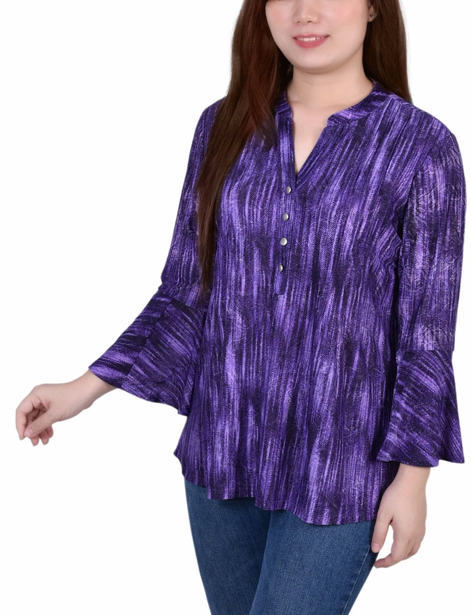 Purple Stripe 3/4 Bell Sleeve Pleat Front Y Neck Top sold by Dress Barn product image thumbnail 2