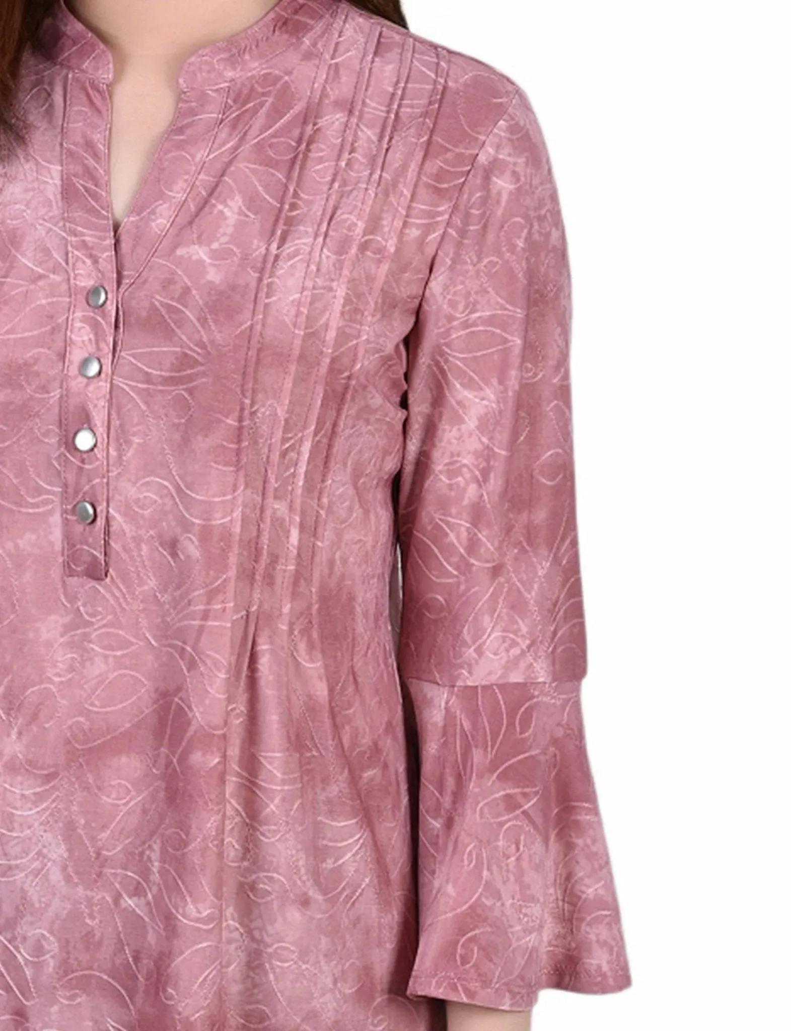 Mauve Tie Dye 3/4 Bell Sleeve Pleat Front Y Neck Top sold by Dress Barn product image thumbnail 3