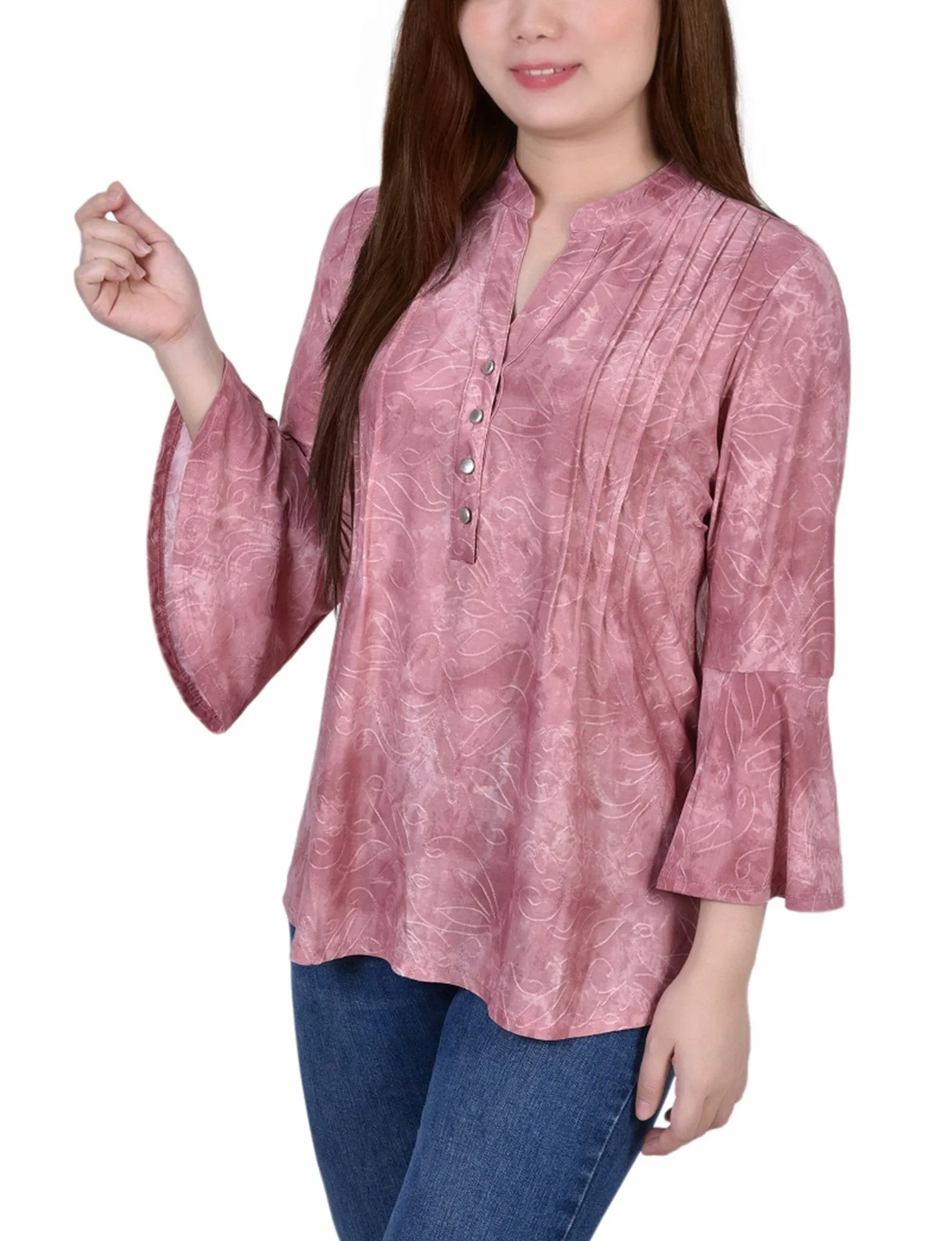 Mauve Tie Dye 3/4 Bell Sleeve Pleat Front Y Neck Top sold by Dress Barn product image thumbnail 2