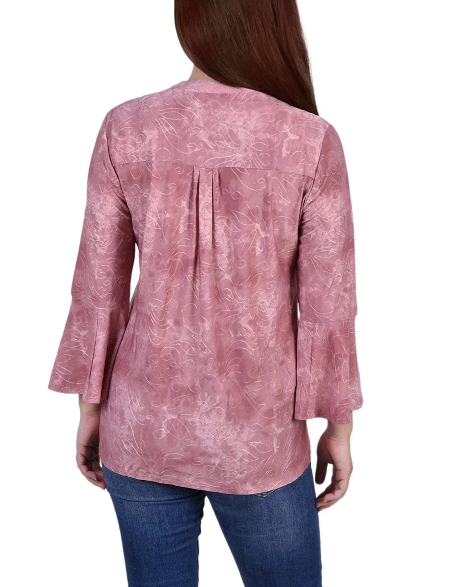 Mauve Tie Dye 3/4 Bell Sleeve Pleat Front Y Neck Top sold by Dress Barn product image thumbnail 4