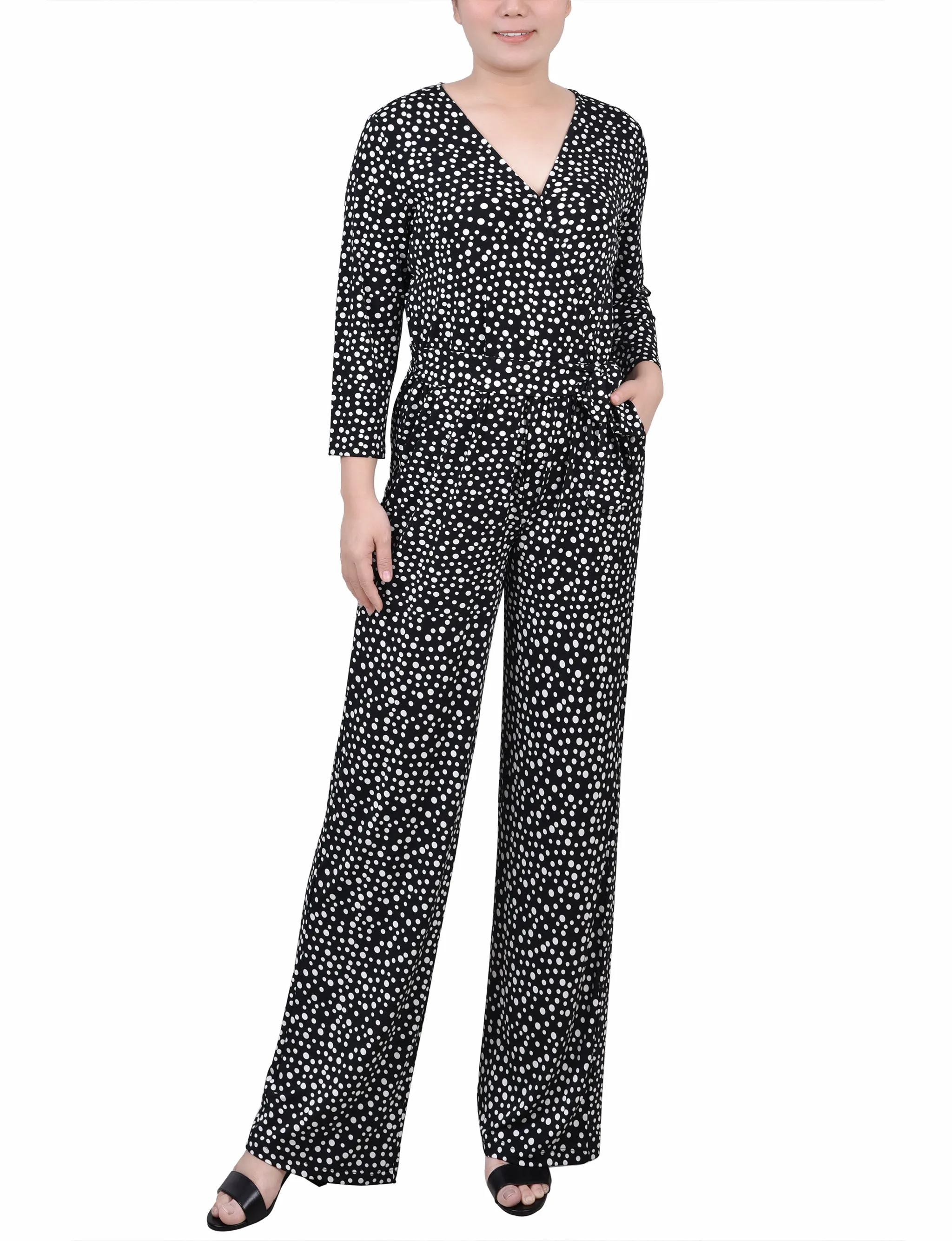 Black Spotted 3/4 Sleeve Belted Jumpsuit sold by Dress Barn