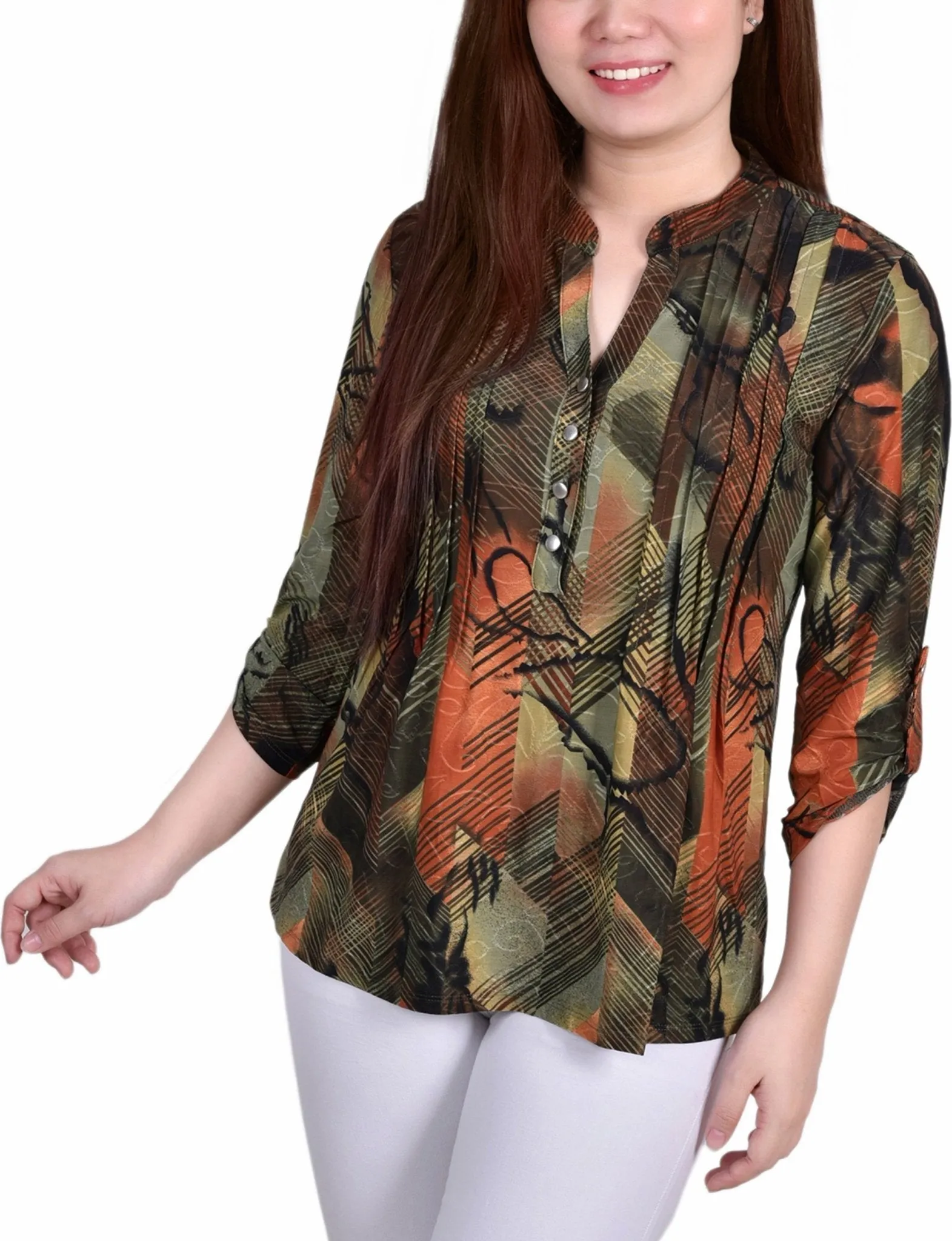 Olive Gilia 3/4 Sleeve Roll Tab Y Neck Top sold by Dress Barn