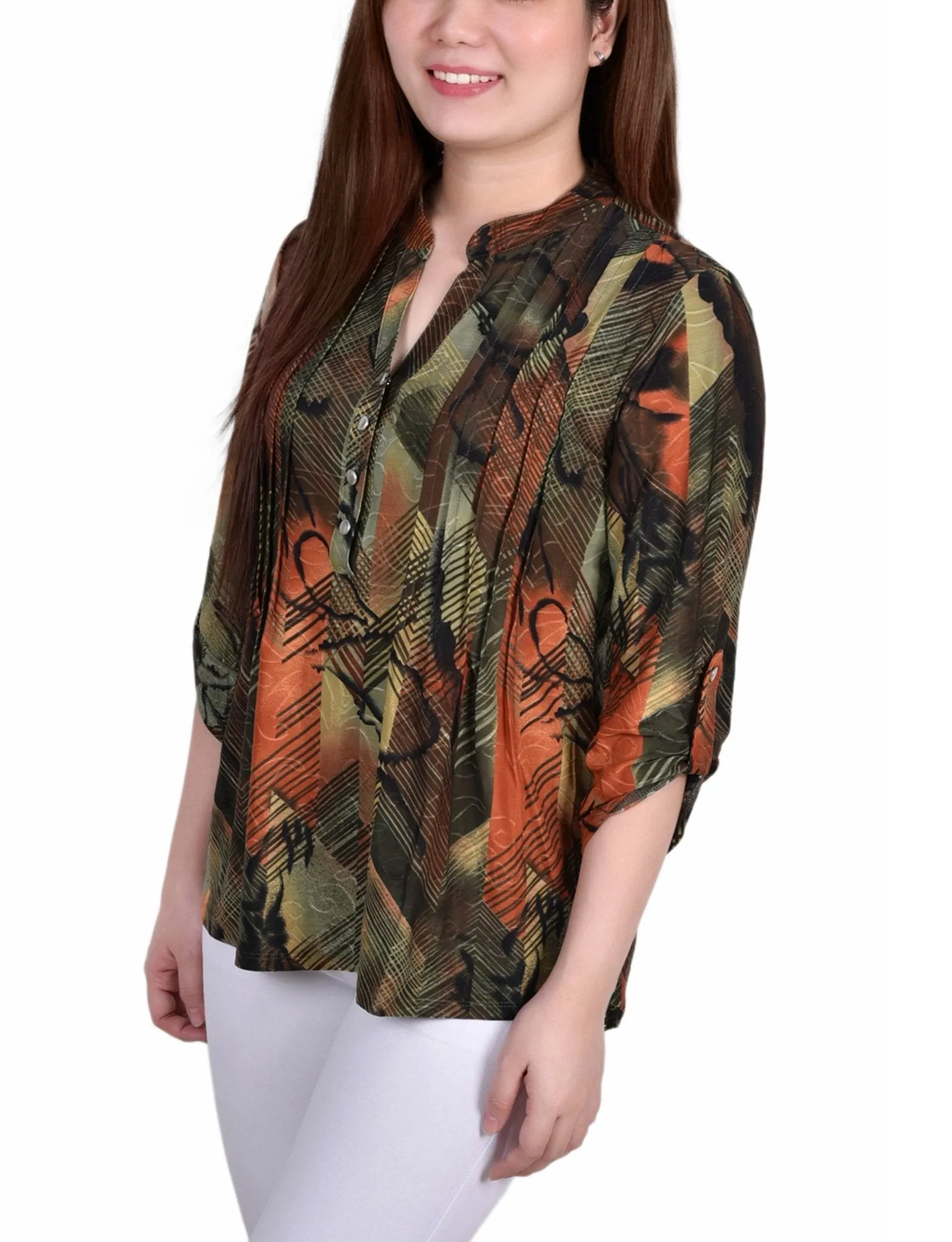 Olive Gilia 3/4 Sleeve Roll Tab Y Neck Top sold by Dress Barn product image thumbnail 2