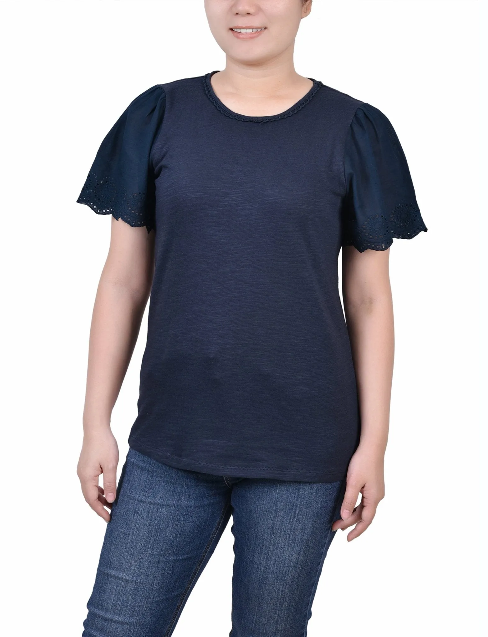 Midnight Navy Short Flutter Eyelet Sleeve Pullover sold by Dress Barn