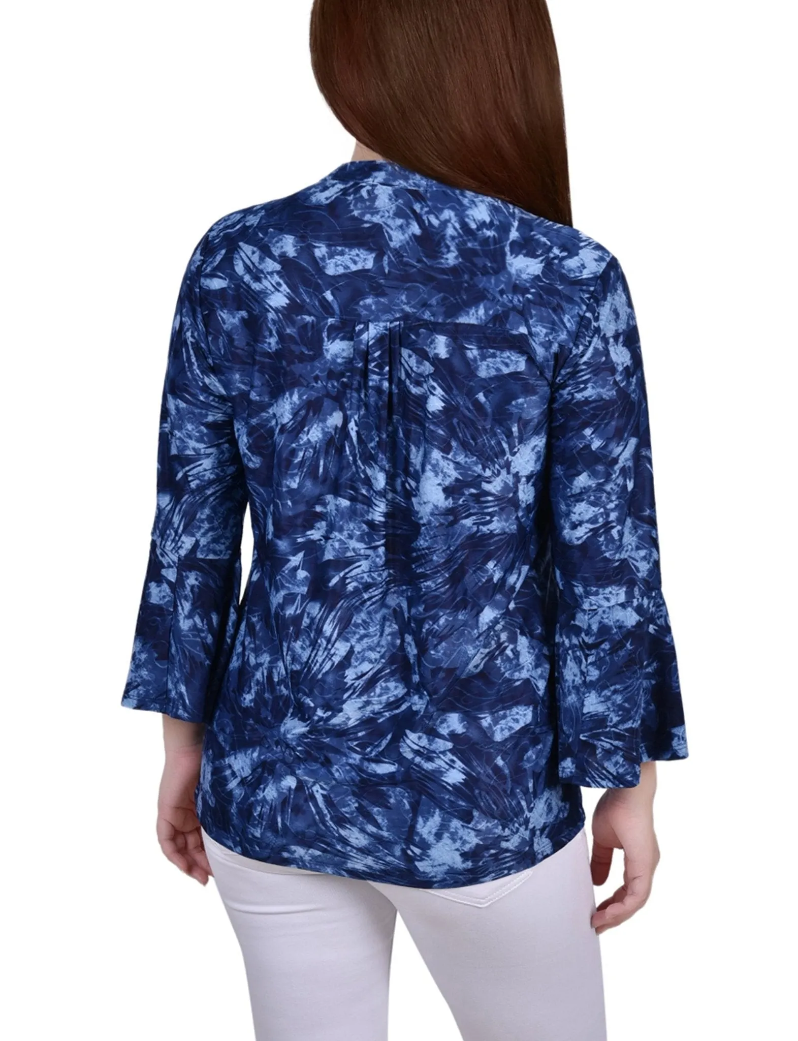 Denim Tie Dye 3/4 Bell Sleeve Pleat Front Y Neck Top sold by Dress Barn product image thumbnail 4