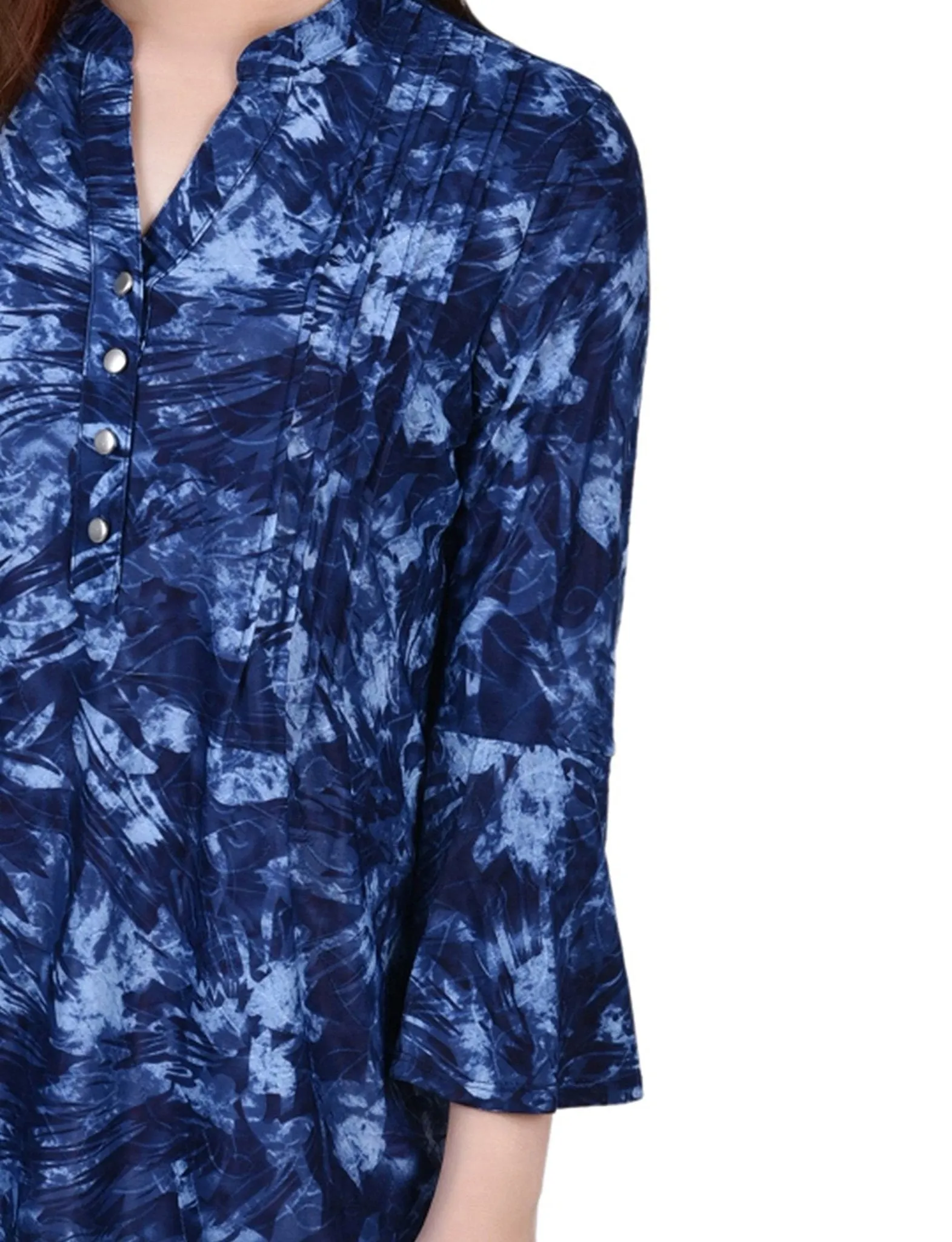 Denim Tie Dye 3/4 Bell Sleeve Pleat Front Y Neck Top sold by Dress Barn product image thumbnail 3