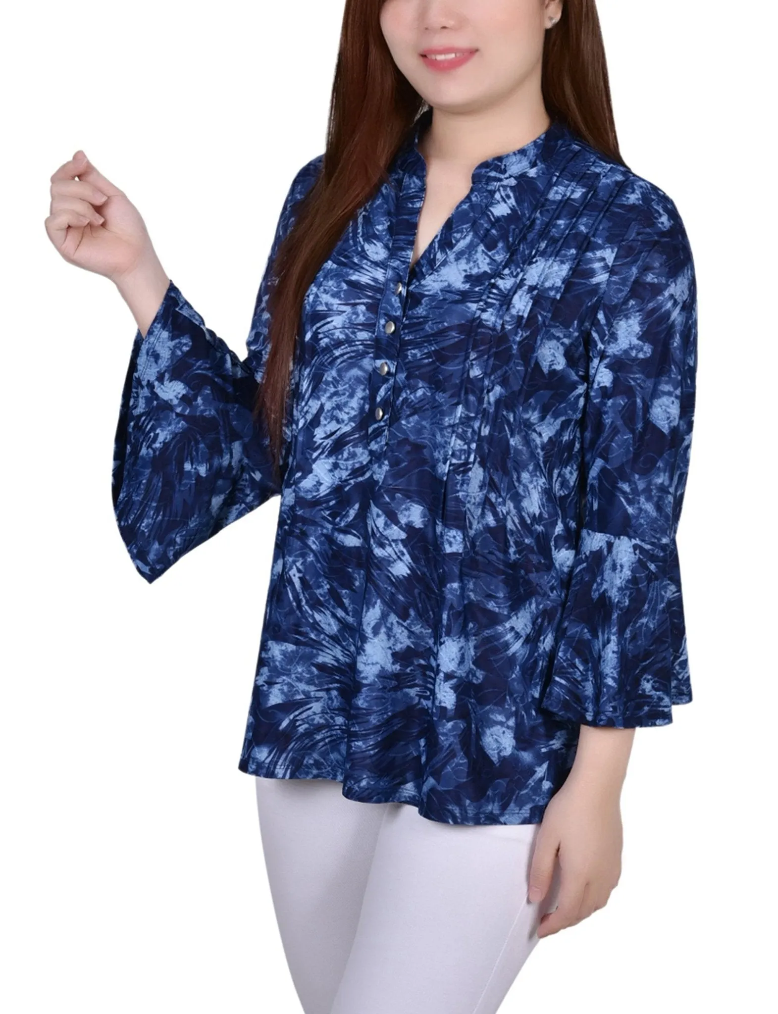 Denim Tie Dye 3/4 Bell Sleeve Pleat Front Y Neck Top sold by Dress Barn product image thumbnail 2