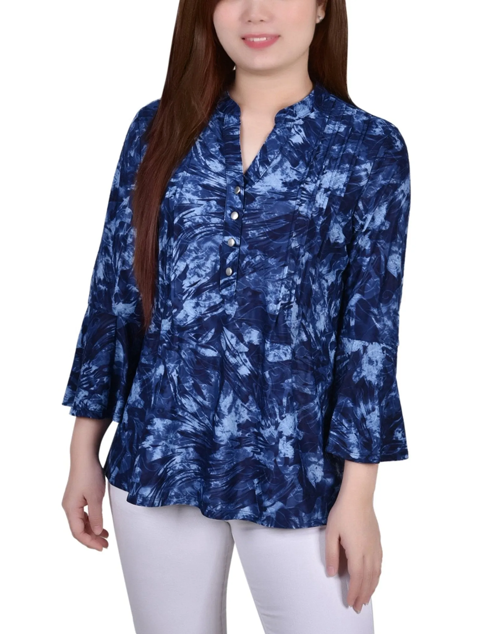 Denim Tie Dye 3/4 Bell Sleeve Pleat Front Y Neck Top sold by Dress Barn