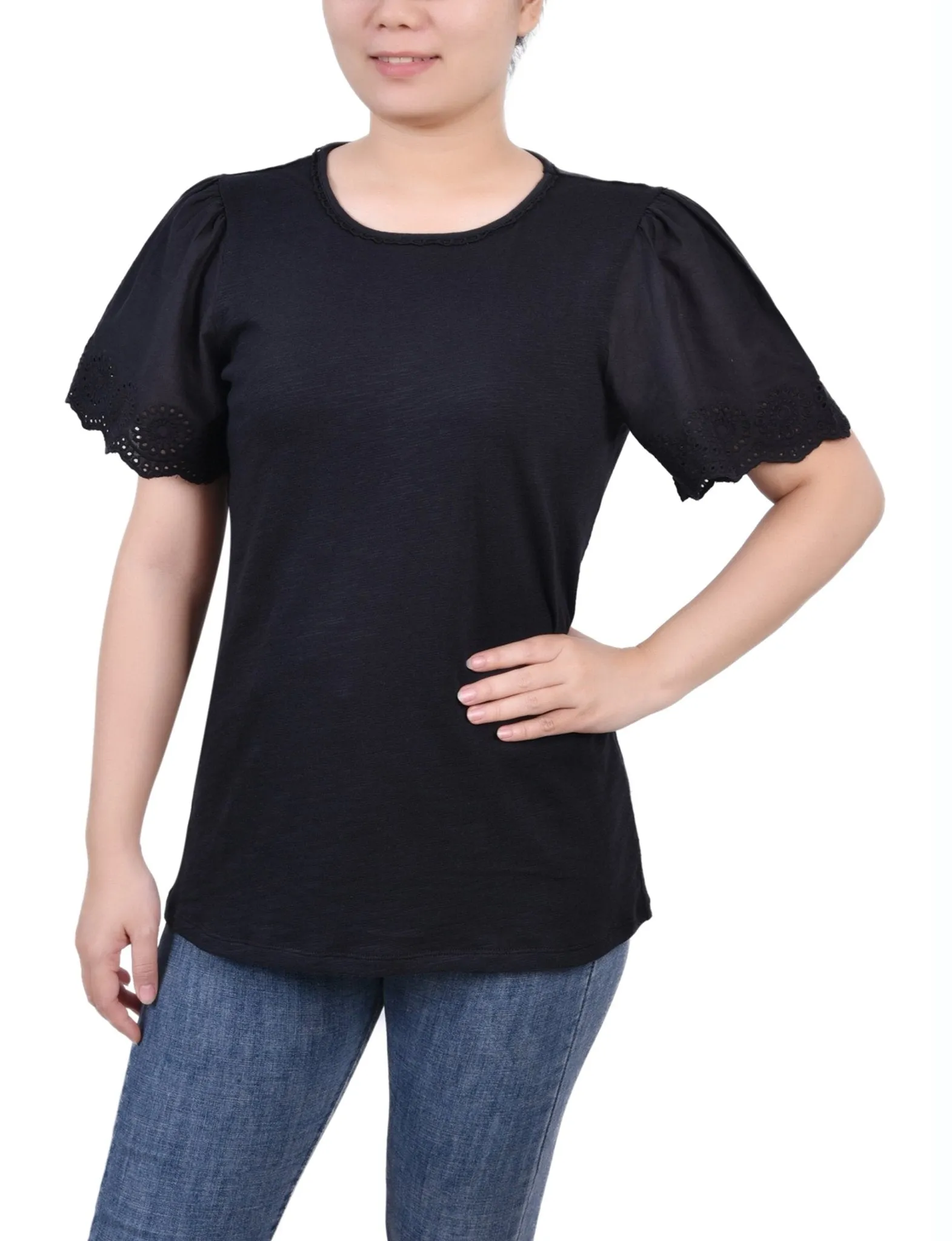 Jet Black Short Flutter Eyelet Sleeve Pullover sold by Dress Barn