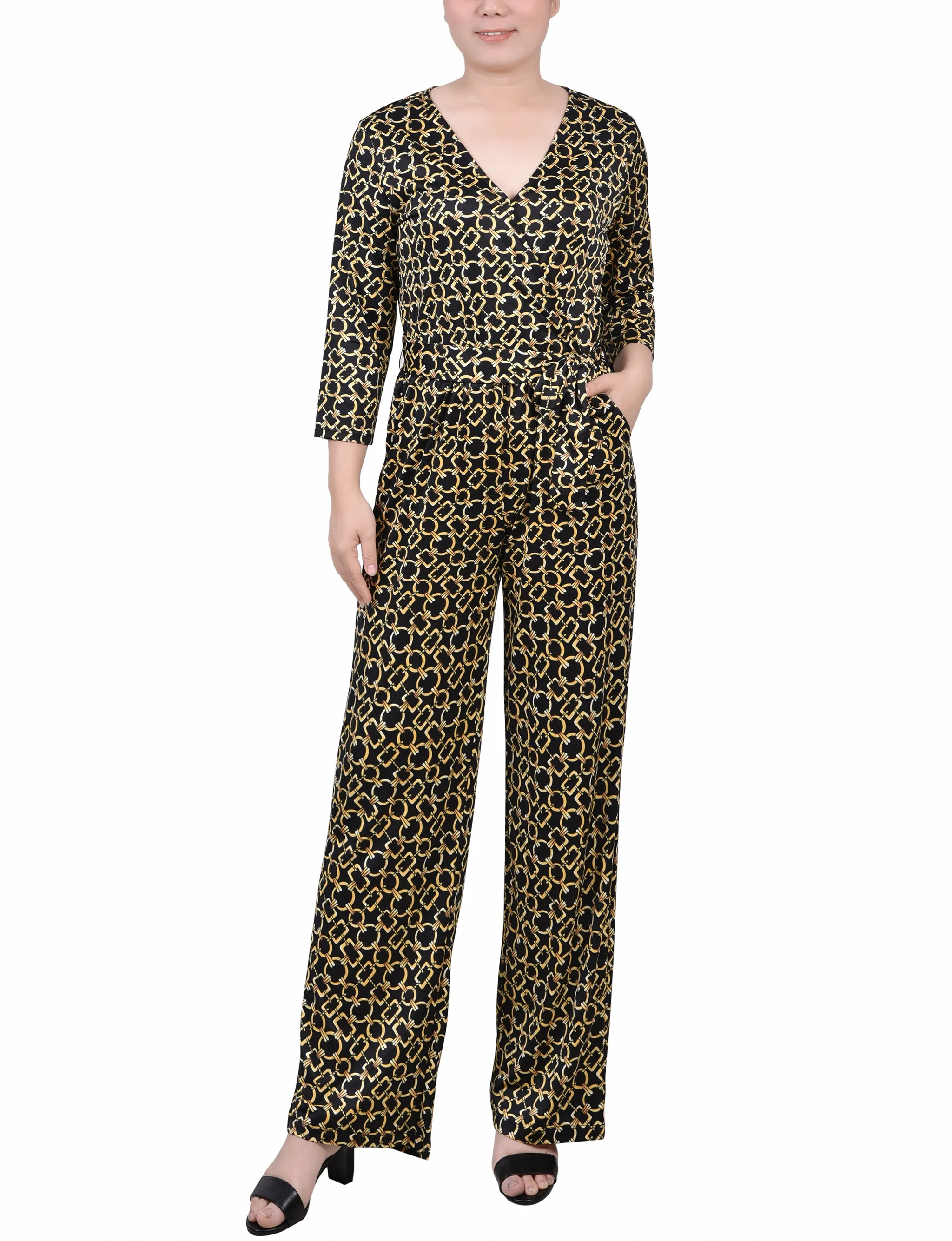 Gold Chain Link 3/4 Sleeve Belted Jumpsuit sold by Dress Barn