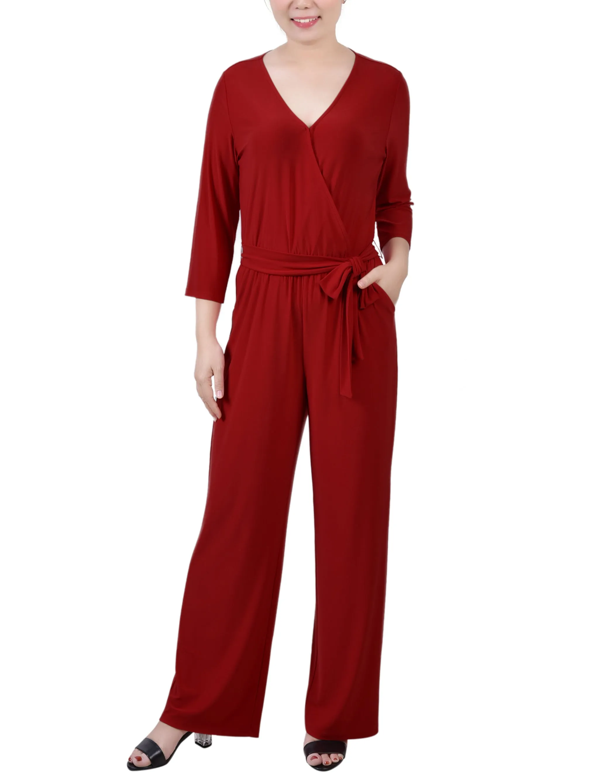 Wine 3/4 Sleeve Belted Jumpsuit sold by Dress Barn