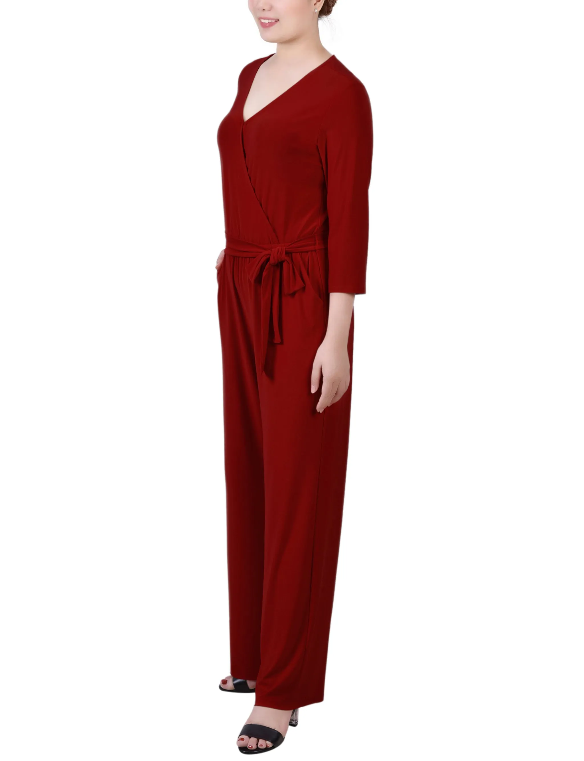 Wine 3/4 Sleeve Belted Jumpsuit sold by Dress Barn product image thumbnail 2