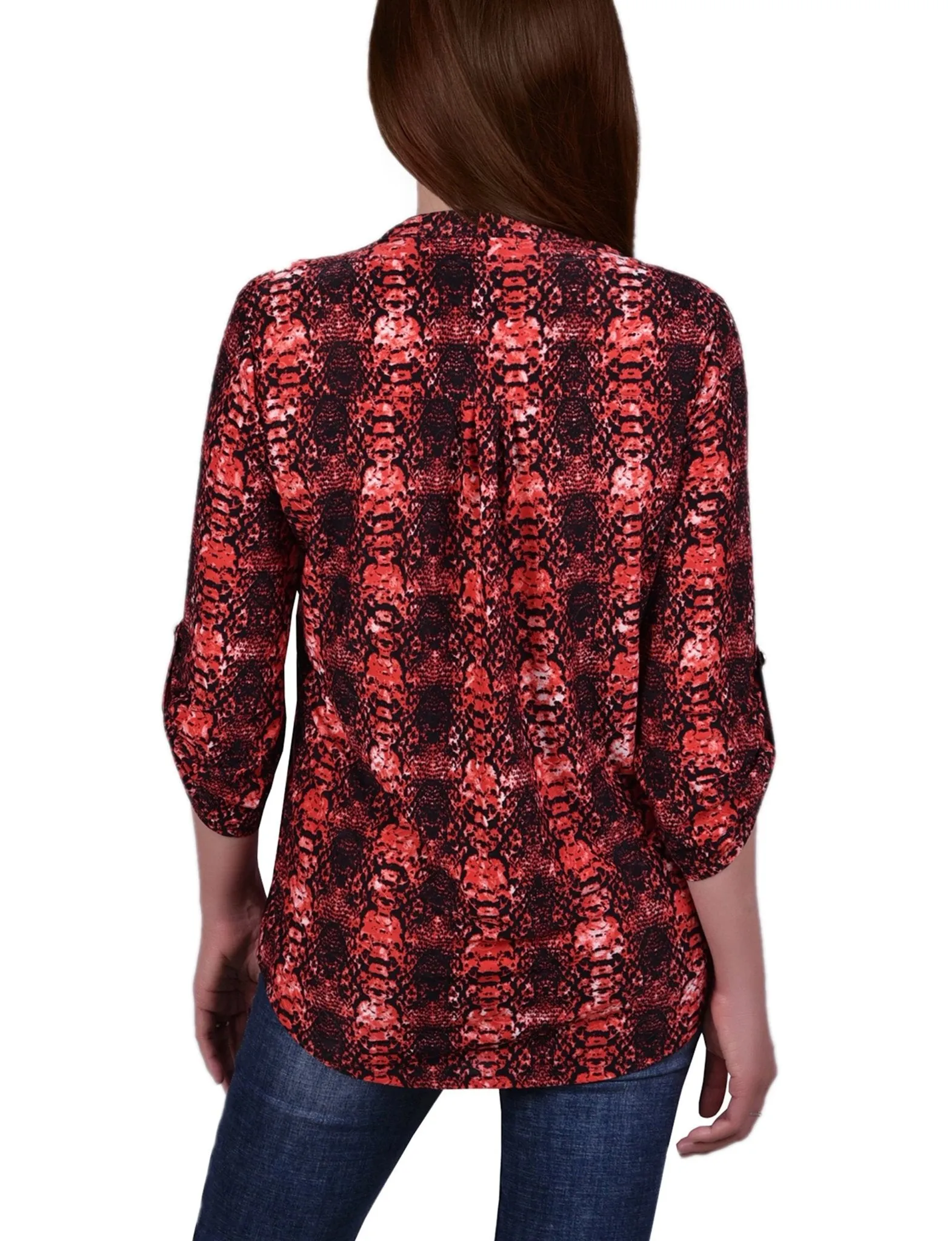 Berry Plaid 3/4 Sleeve Roll Tab Y Neck Top sold by Dress Barn product image thumbnail 4