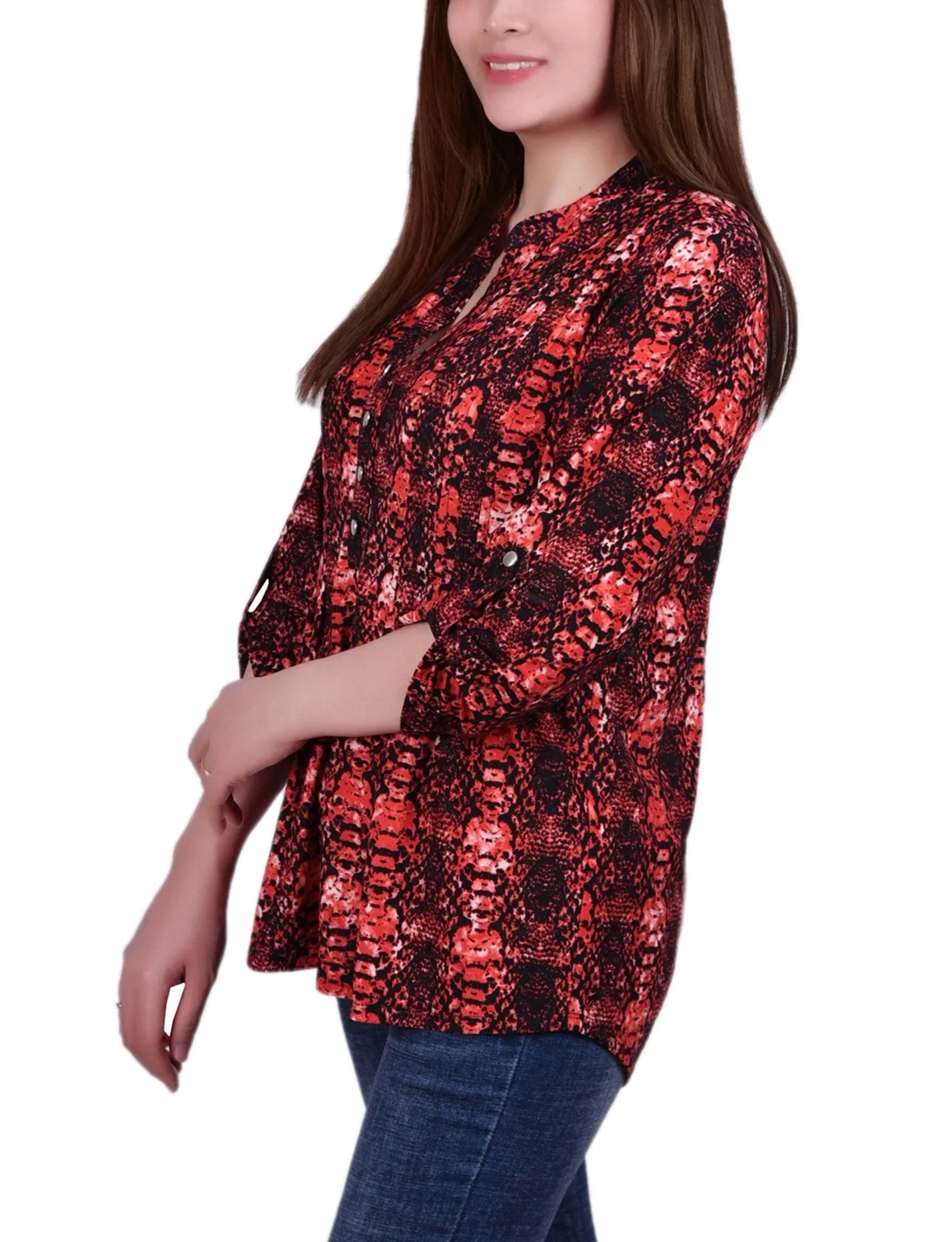 Berry Plaid 3/4 Sleeve Roll Tab Y Neck Top sold by Dress Barn product image thumbnail 2