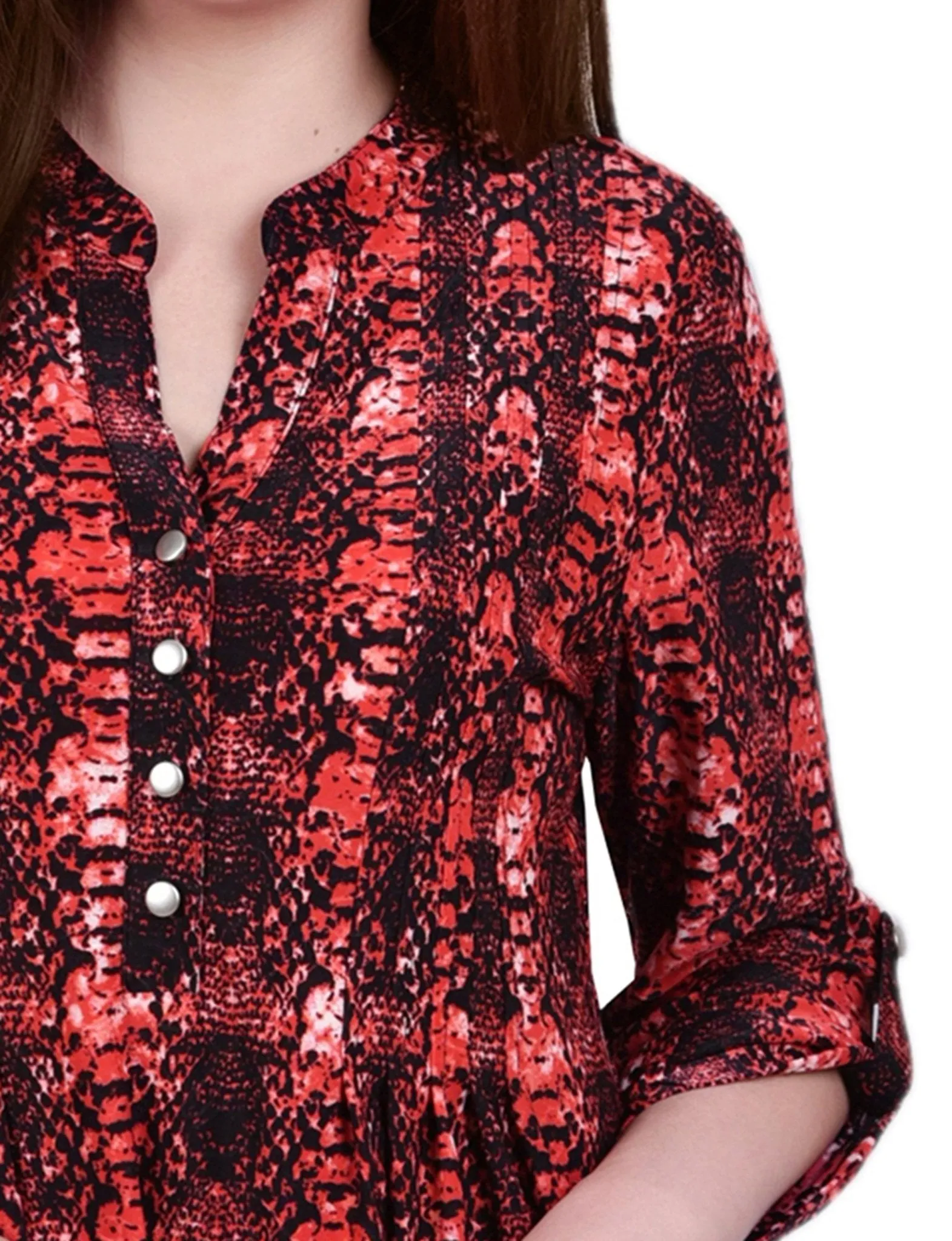 Berry Plaid 3/4 Sleeve Roll Tab Y Neck Top sold by Dress Barn product image thumbnail 3