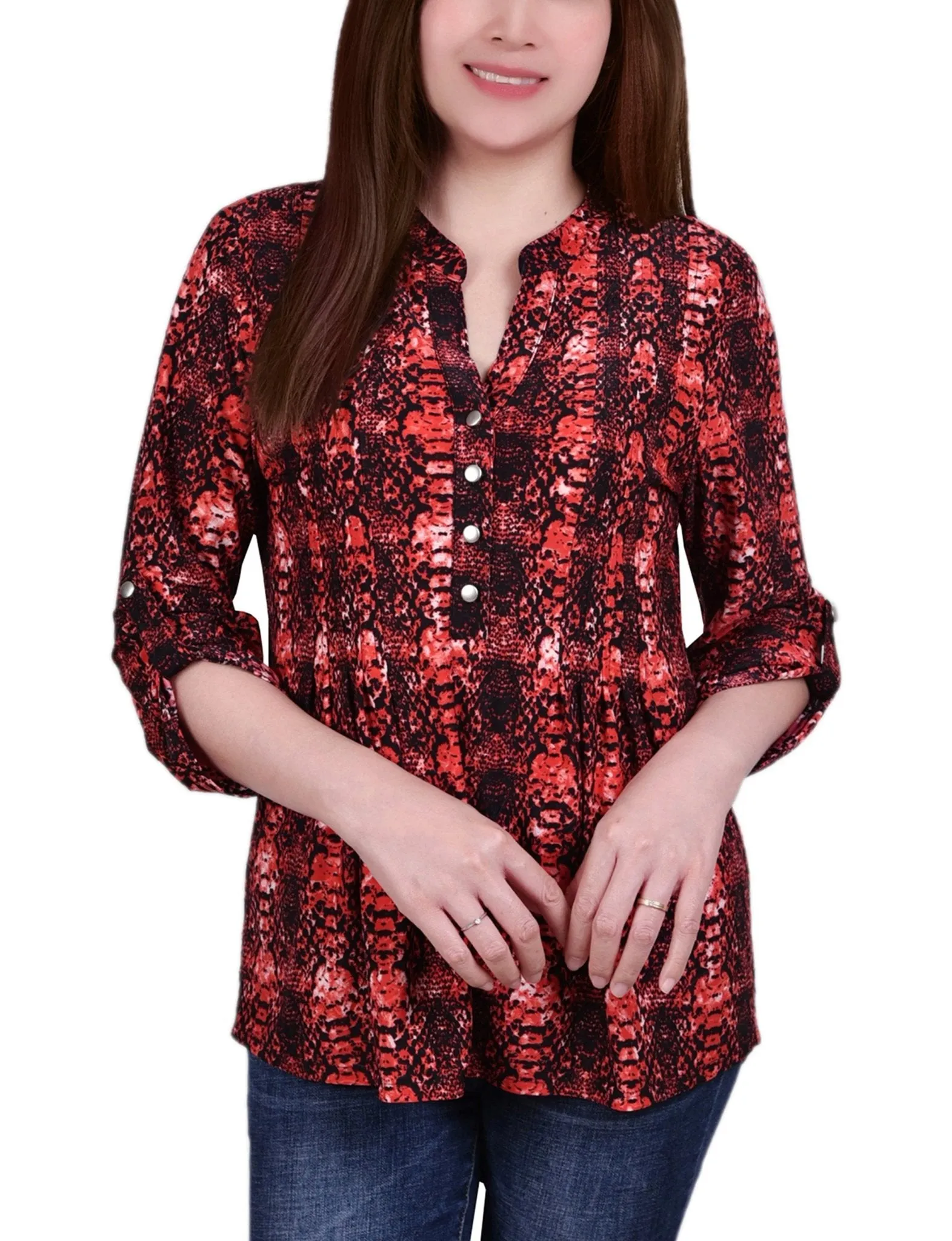 Berry Plaid 3/4 Sleeve Roll Tab Y Neck Top sold by Dress Barn