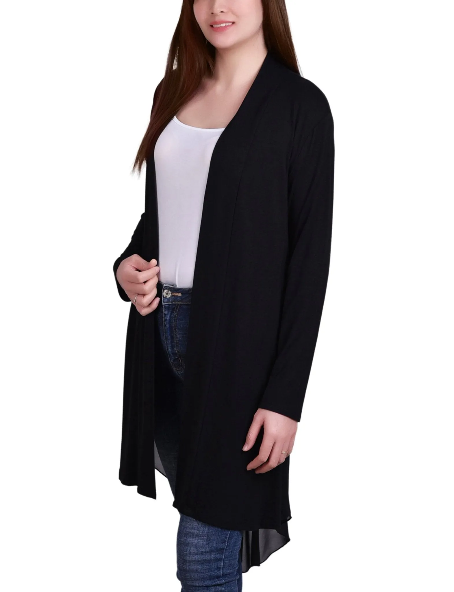Black Long Sleeve Knit Cardigan With Chiffon Back sold by Dress Barn product image thumbnail 2