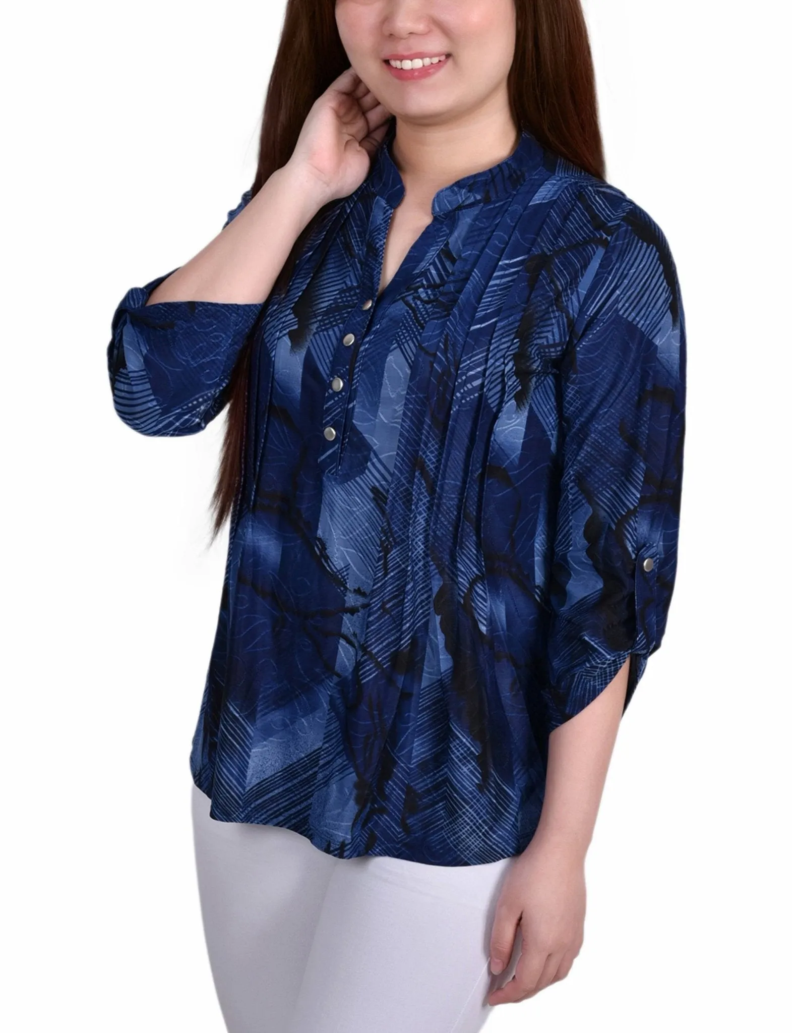 Navy Chervon 3/4 Sleeve Roll Tab Y Neck Top sold by Dress Barn product image thumbnail 2