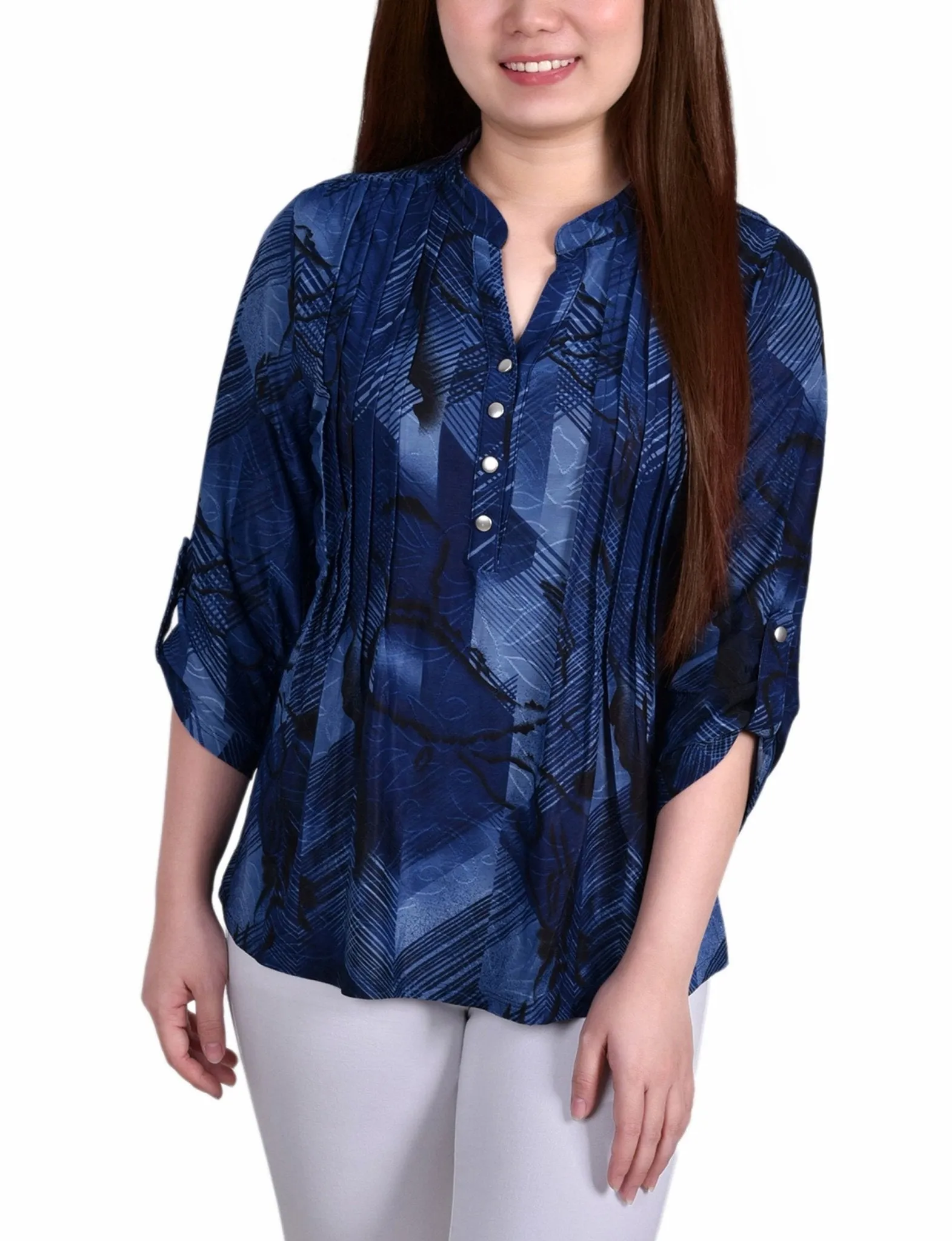 Navy Chervon 3/4 Sleeve Roll Tab Y Neck Top sold by Dress Barn