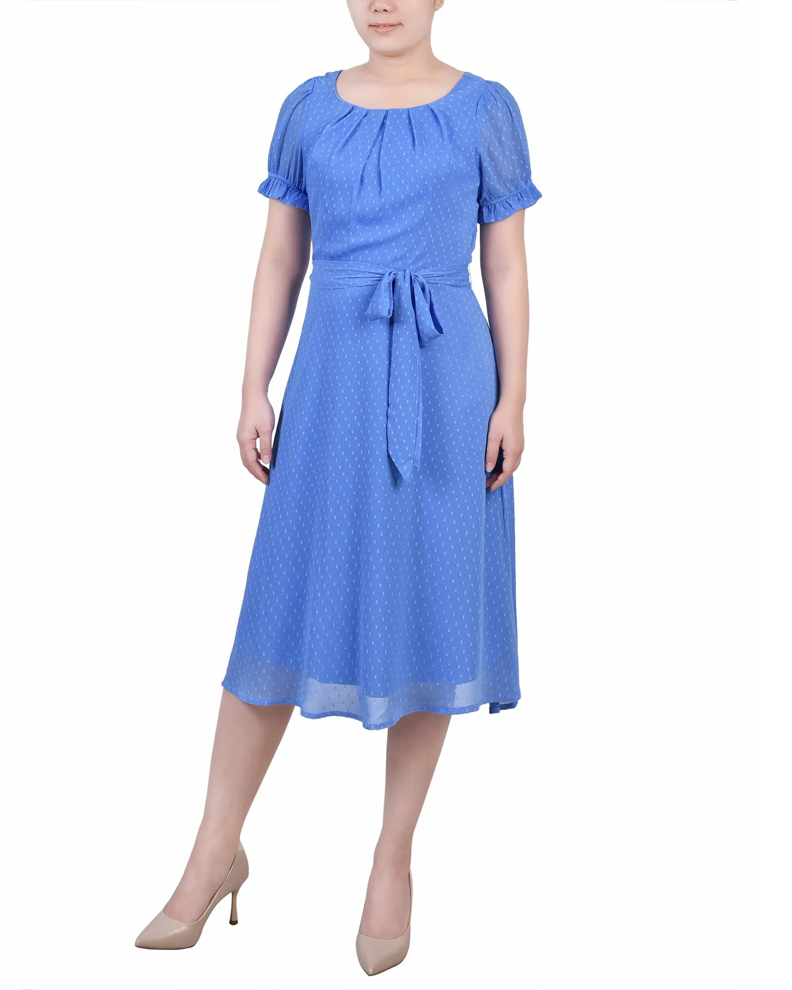 Granada Sky Short Sleeve Belted Swiss Dot Dress - Petite sold by Dress Barn