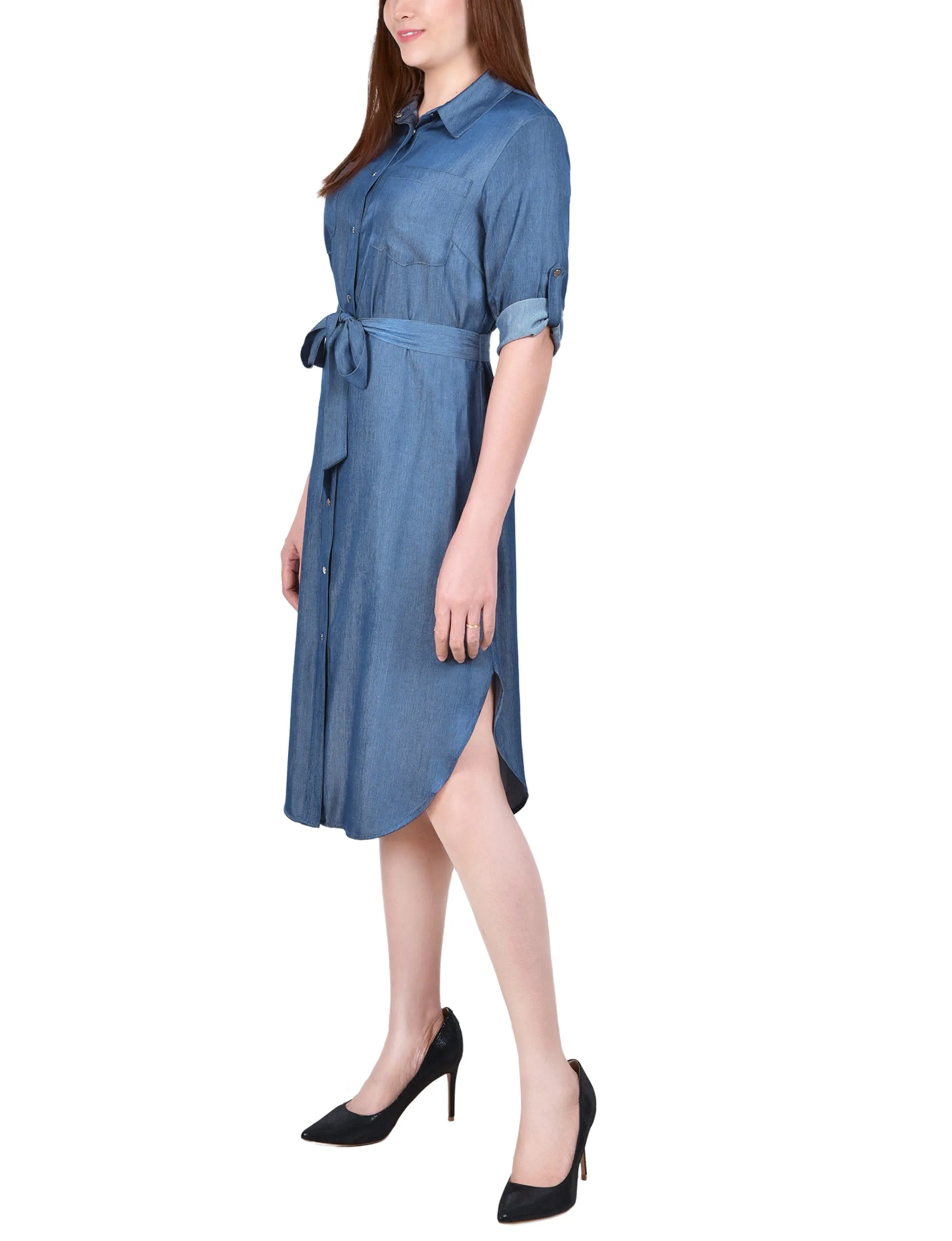 Med Denim Roll Tab Sleeve Belted Dress - Petite sold by Dress Barn product image thumbnail 2