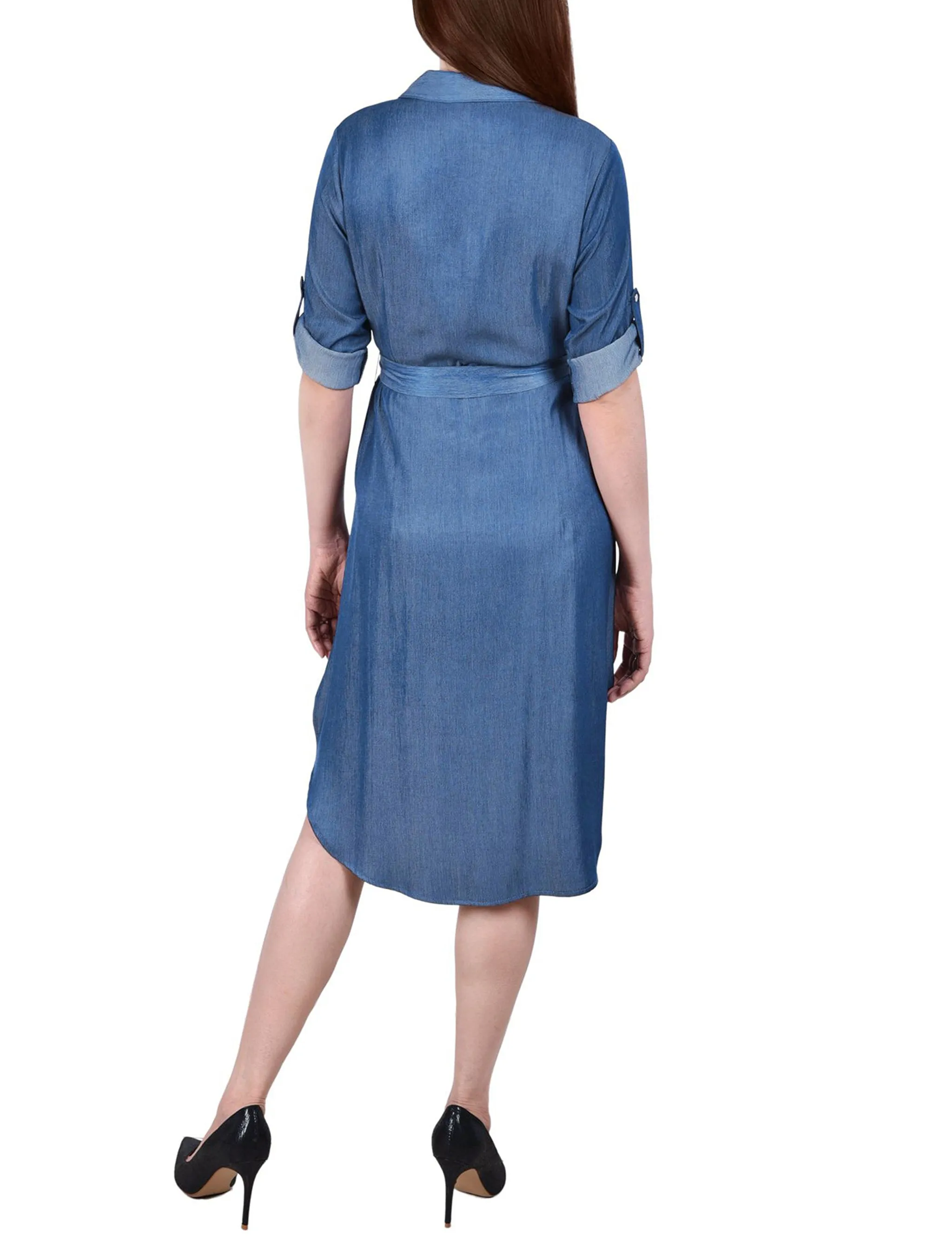 Med Denim Roll Tab Sleeve Belted Dress - Petite sold by Dress Barn product image thumbnail 3