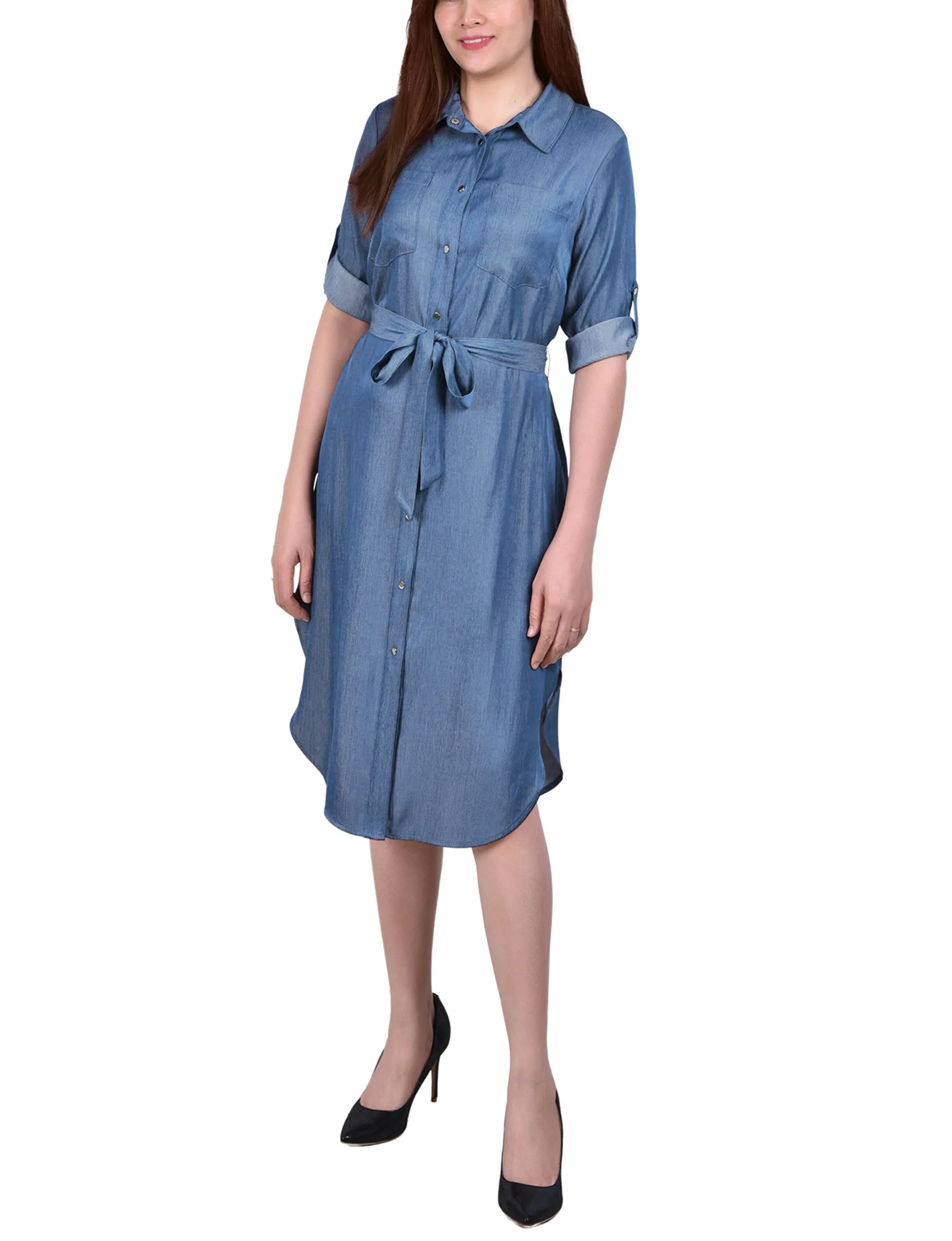 Med Denim Roll Tab Sleeve Belted Dress - Petite sold by Dress Barn