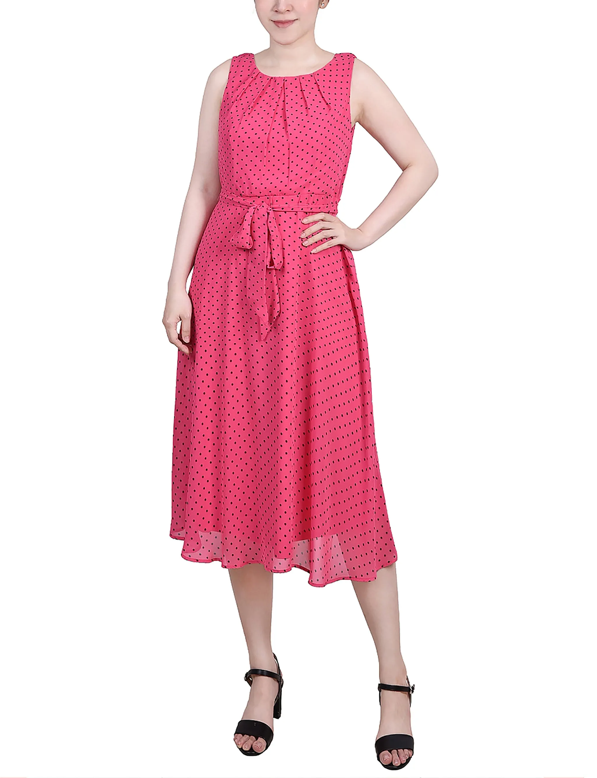 Pink Black Fantasy Dot Sleeveless Chiffon Belted Dress - Petite sold by Dress Barn