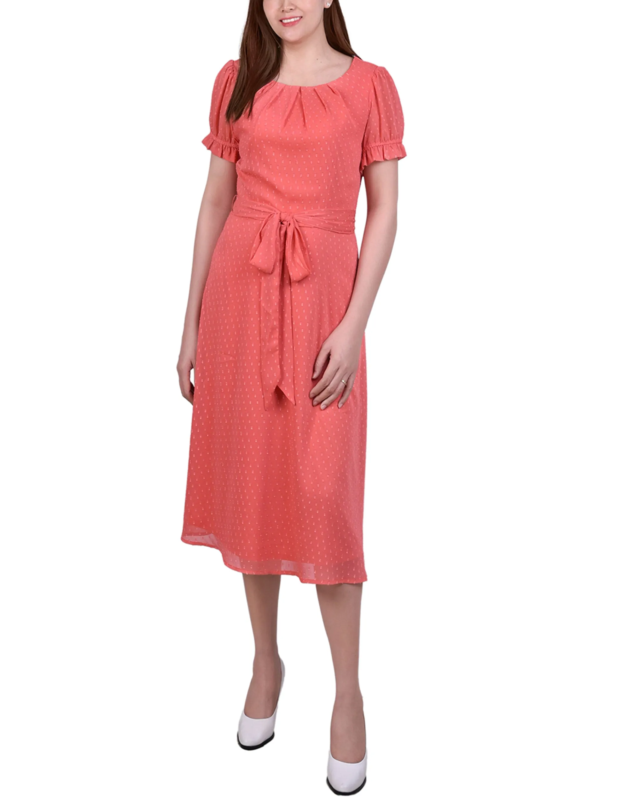 Spiced Coral Short Sleeve Belted Swiss Dot Dress - Petite sold by Dress Barn