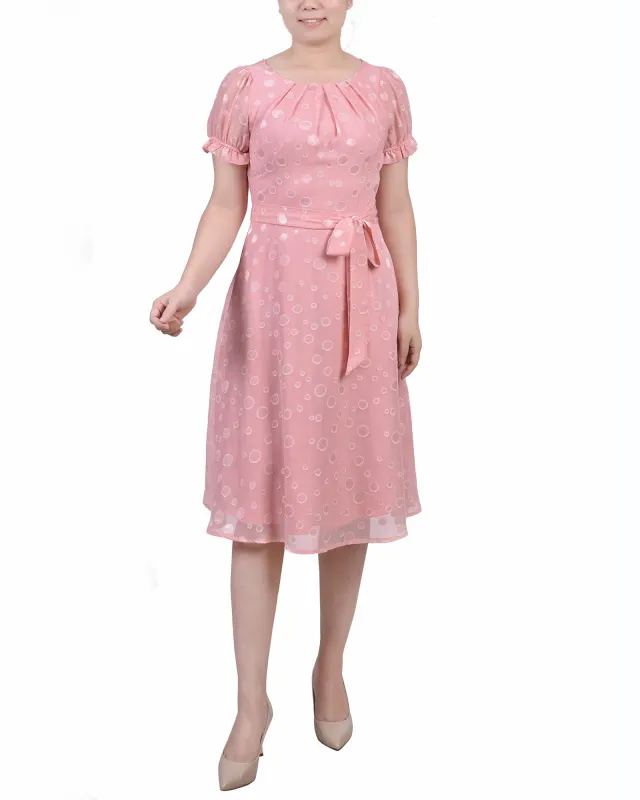 Mellow Rose Short Sleeve Belted Swiss Dot Dress - Petite sold by Dress Barn