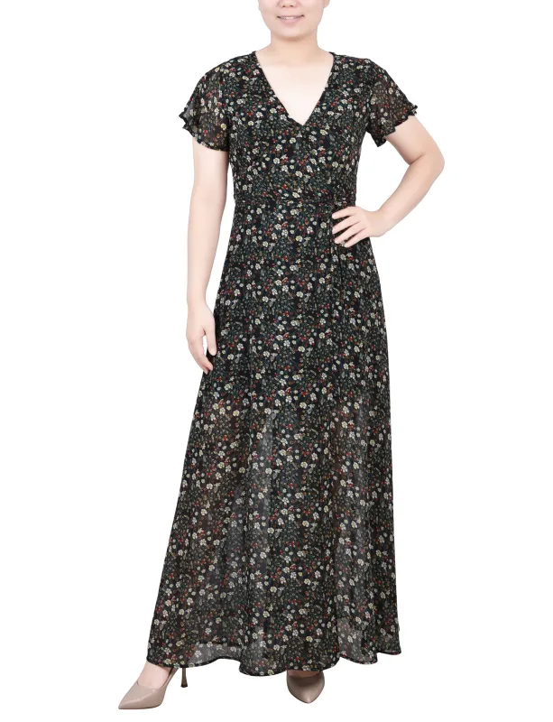Black Ditsy Floral Short Sleeve Chiffon Wrap Maxi Dress - Petite sold by Dress Barn