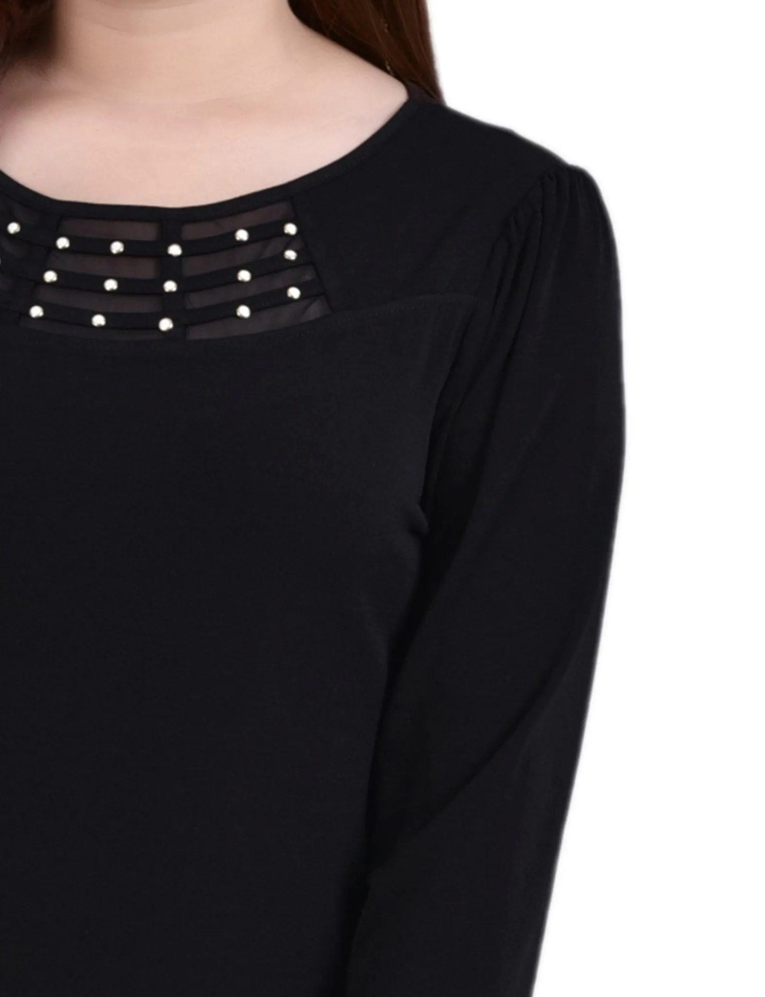 Black 3/4 Crepe Top With Mesh Inset and Studs - Petite sold by Dress Barn product image thumbnail 3
