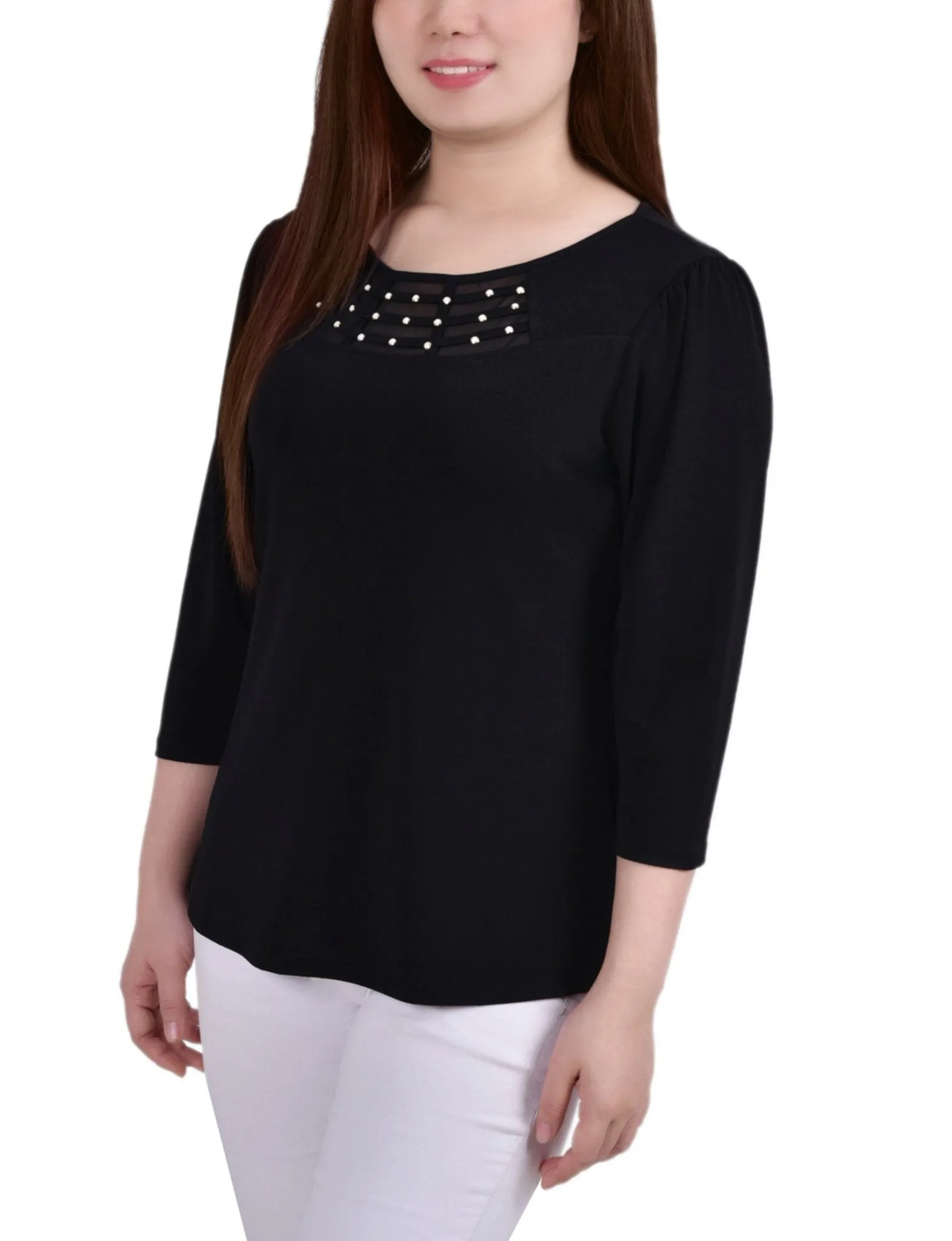 Black 3/4 Crepe Top With Mesh Inset and Studs - Petite sold by Dress Barn product image thumbnail 2