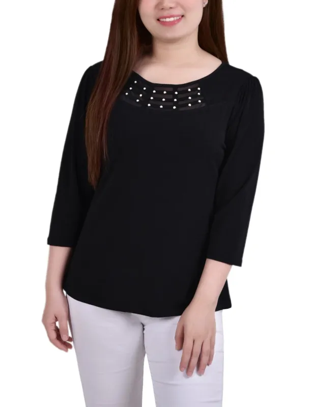 Black 3/4 Crepe Top With Mesh Inset and Studs - Petite sold by Dress Barn