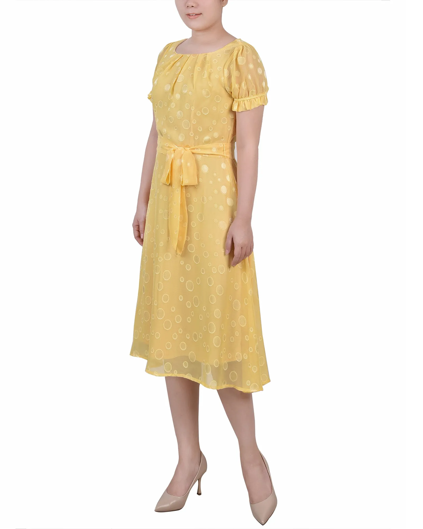 Yellow Multi Circle Short Sleeve Belted Swiss Dot Dress - Petite sold by Dress Barn product image thumbnail 2
