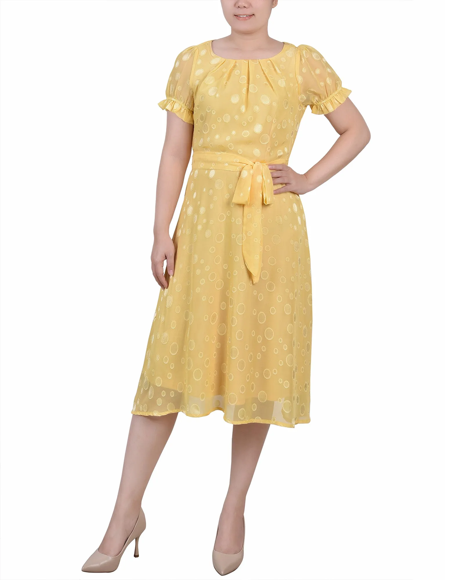 Yellow Multi Circle Short Sleeve Belted Swiss Dot Dress - Petite sold by Dress Barn