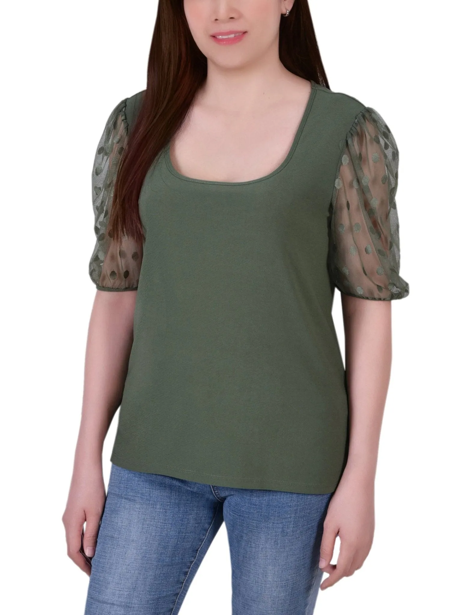 Bronze Green 3/4 Sleeve Blouse With Necklace - Petite sold by Dress Barn
