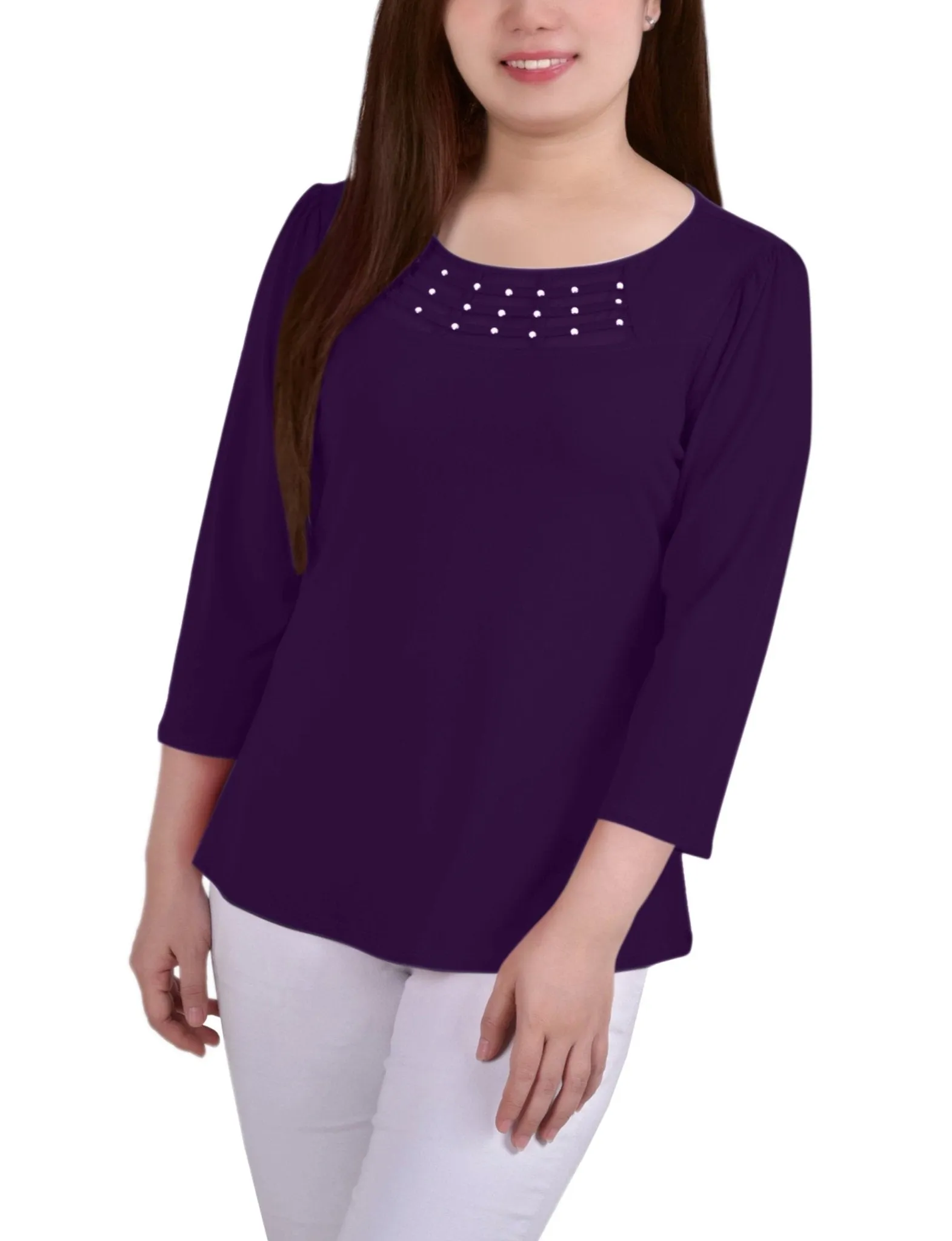 Purple 3/4 Crepe Top With Mesh Inset and Studs - Petite sold by Dress Barn