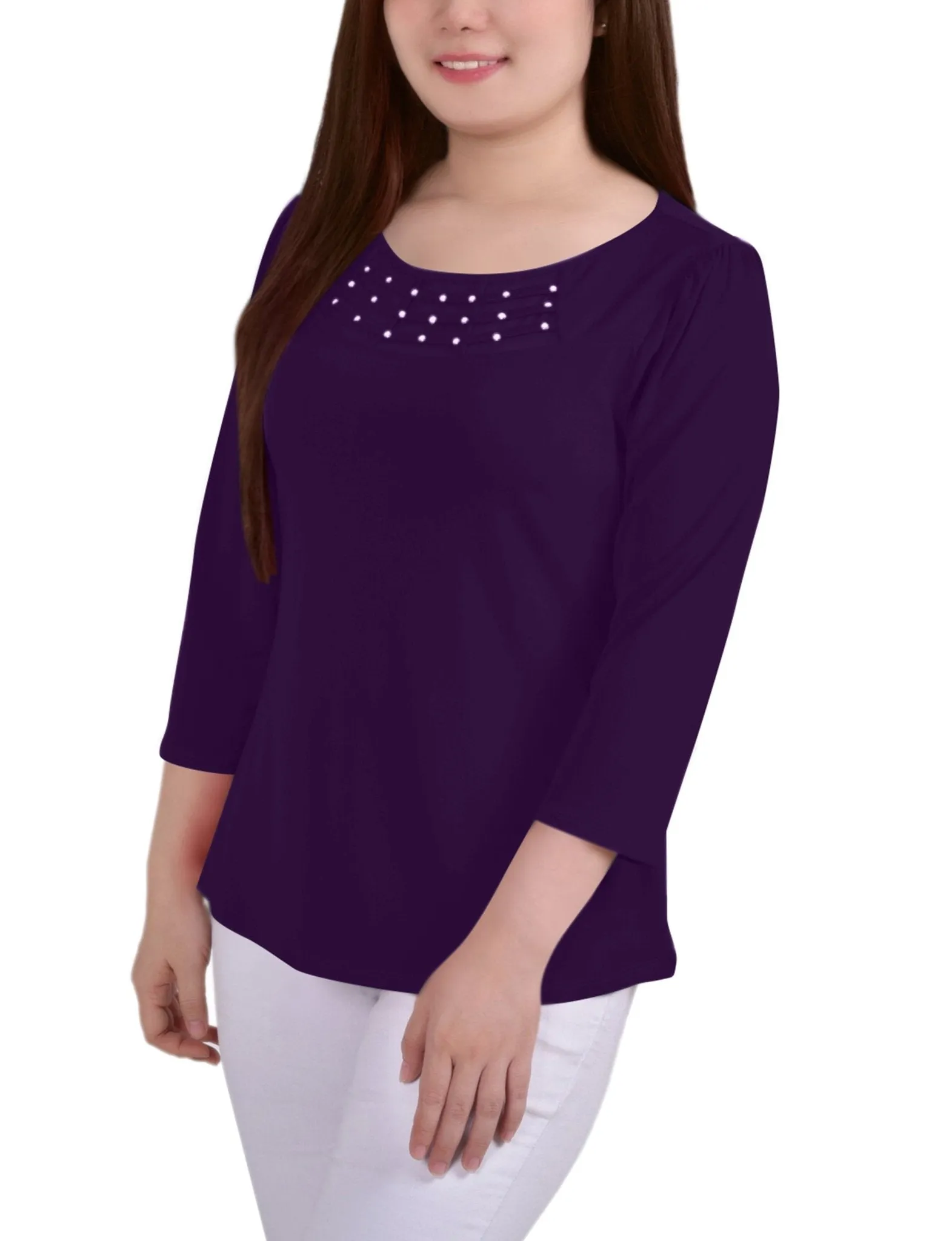 Purple 3/4 Crepe Top With Mesh Inset and Studs - Petite sold by Dress Barn product image thumbnail 2