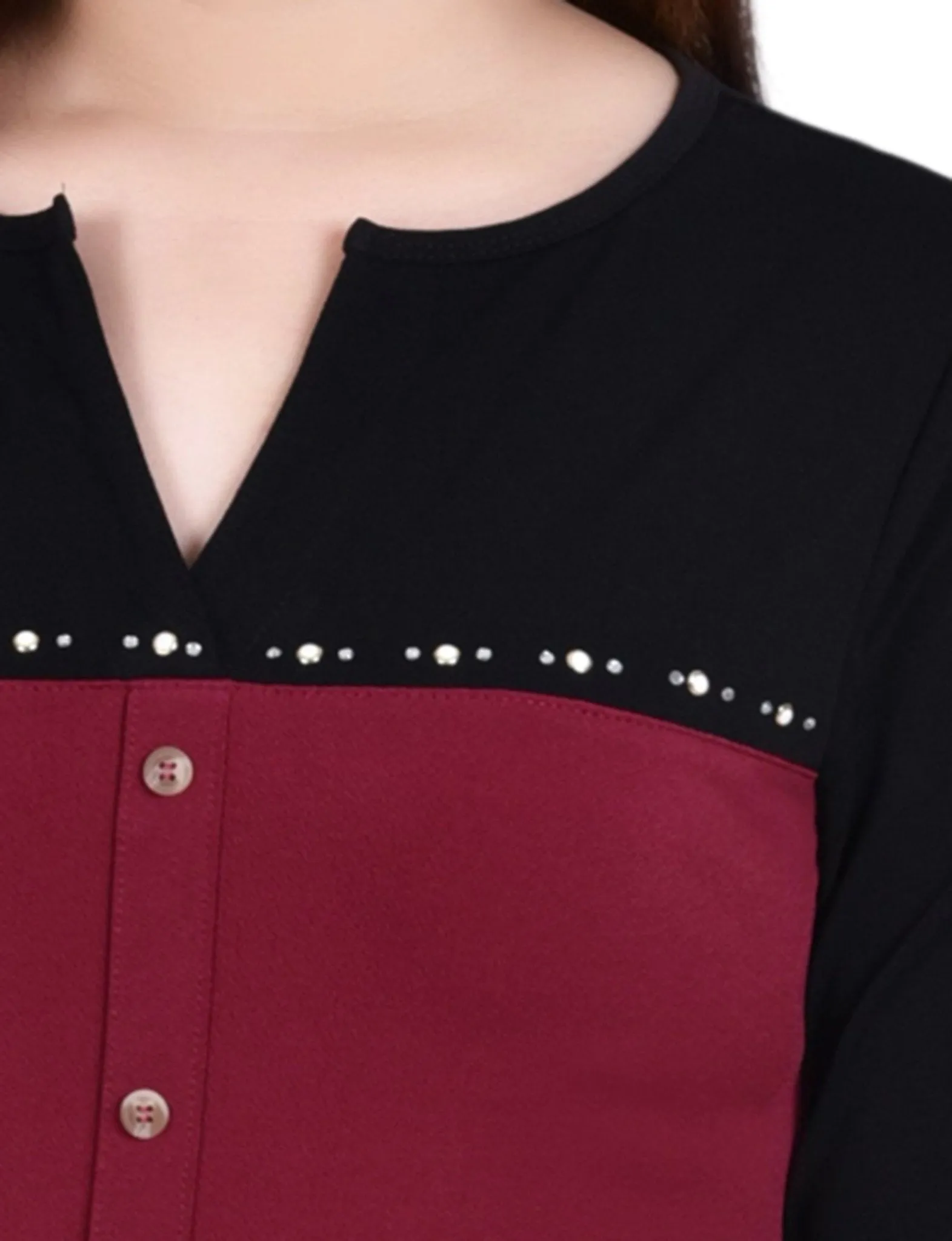 Wine Long Sleeve Studded Colorblocked Split Neck Top - Petite sold by Dress Barn product image thumbnail 3