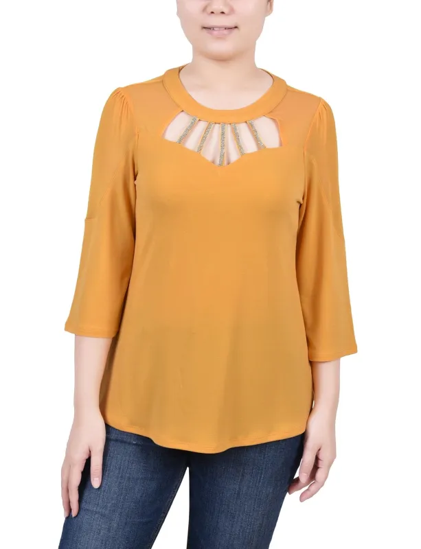 Golden Glow 3/4 Sleeve Top With Neckline Cutouts and Stones - Petite sold by Dress Barn