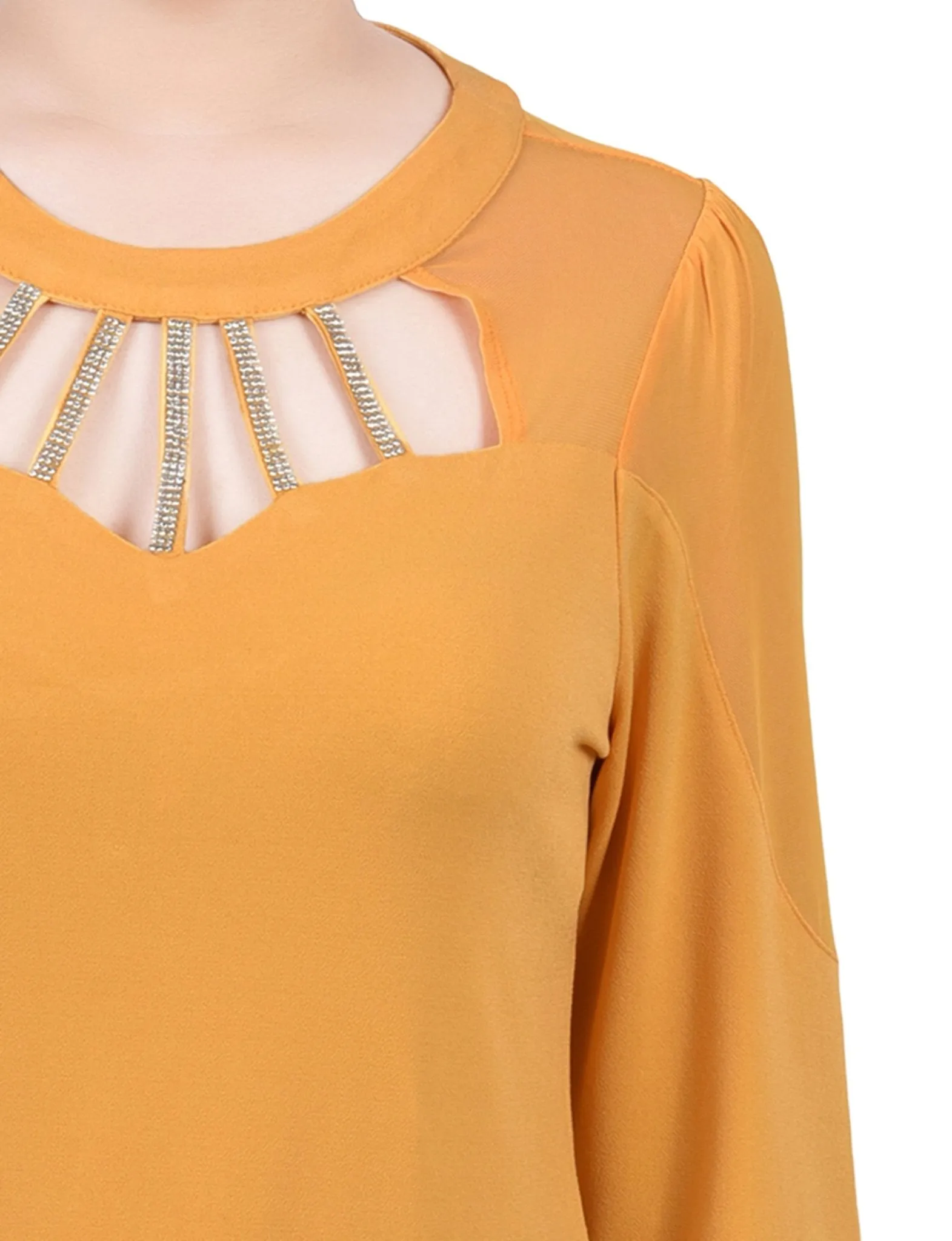 Golden Glow 3/4 Sleeve Top With Neckline Cutouts and Stones - Petite sold by Dress Barn product image thumbnail 3