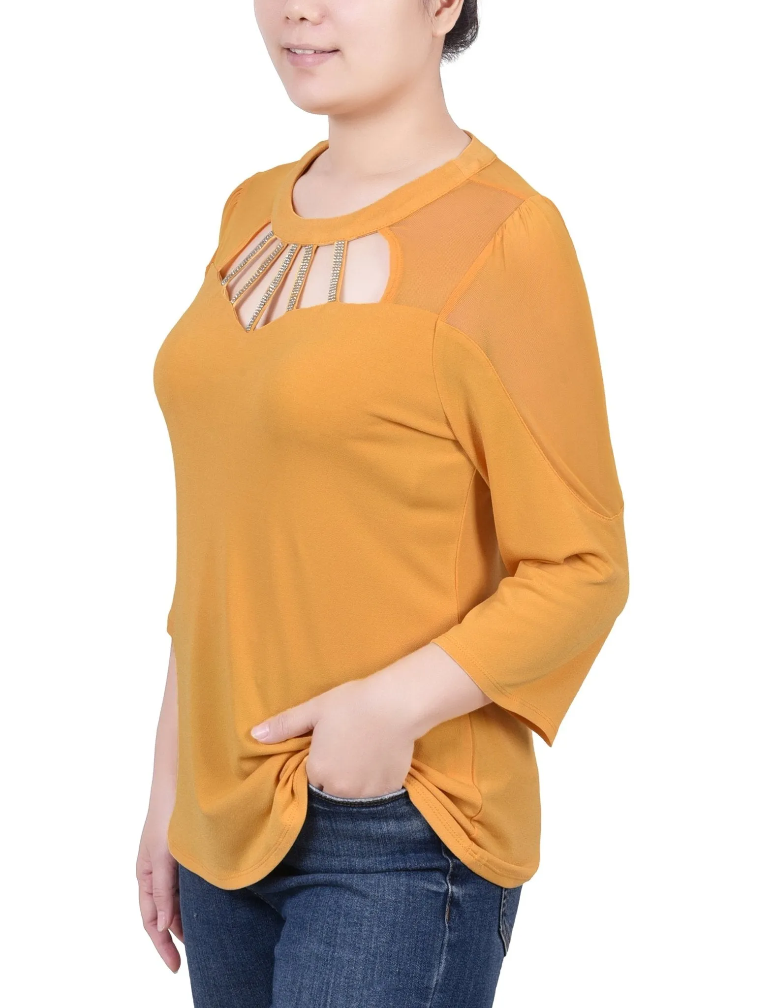 Golden Glow 3/4 Sleeve Top With Neckline Cutouts and Stones - Petite sold by Dress Barn product image thumbnail 2