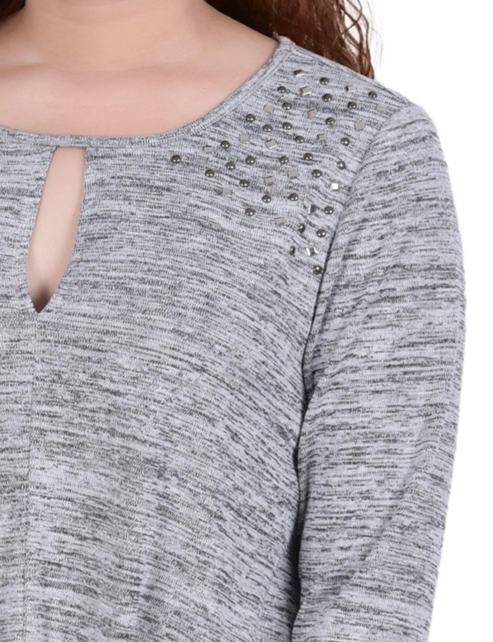 Light Grey Long Sleeve Knit Keyhole Top With Studs - Petite sold by Dress Barn product image thumbnail 3