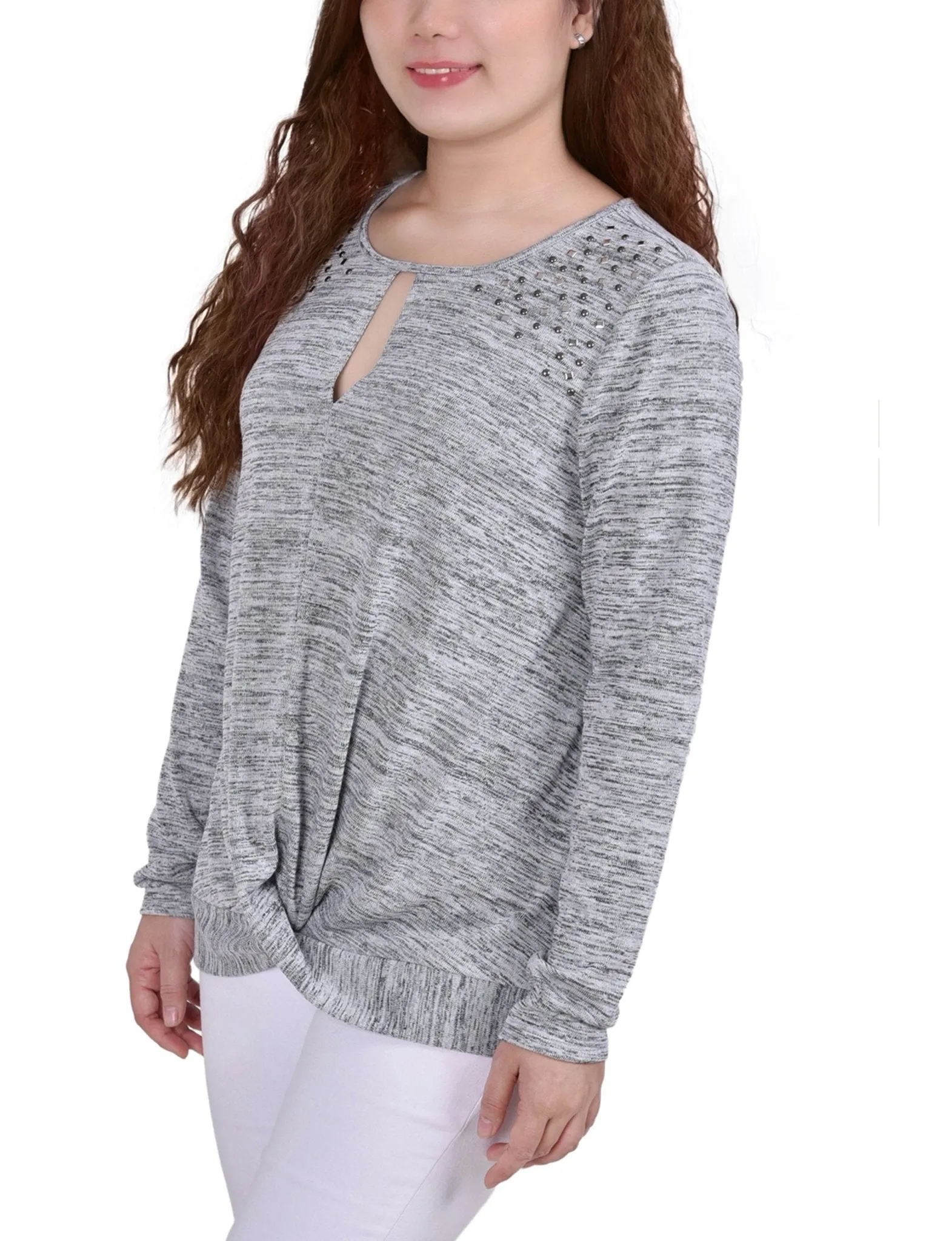 Light Grey Long Sleeve Knit Keyhole Top With Studs - Petite sold by Dress Barn product image thumbnail 2