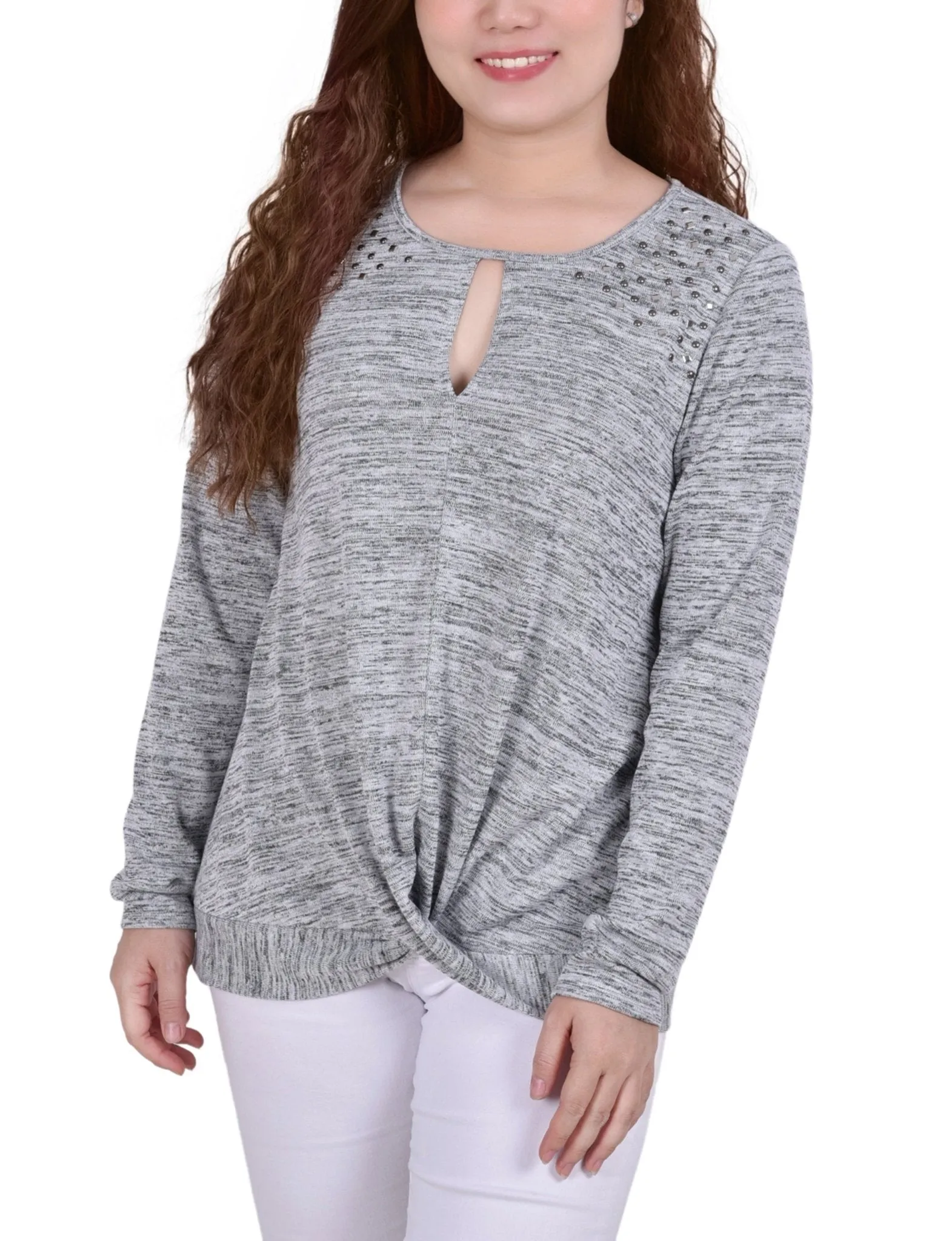 Light Grey Long Sleeve Knit Keyhole Top With Studs - Petite sold by Dress Barn